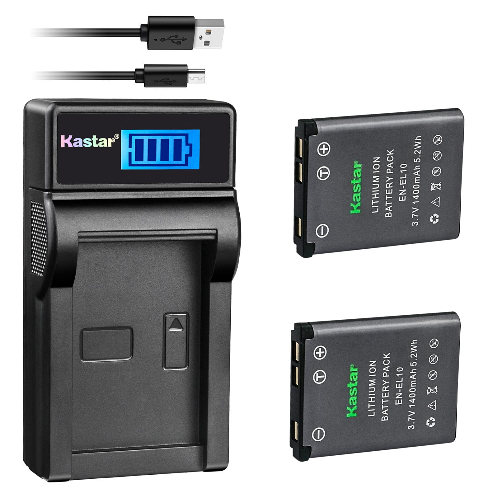 Kastar Battery (X2) & LCD Slim USB Charger for Nik EN-EL10 MH-63 and Nik Coolpix S60, S80, S200, S210, S220, S230, S500, S510, S520, S570, S600, S700,