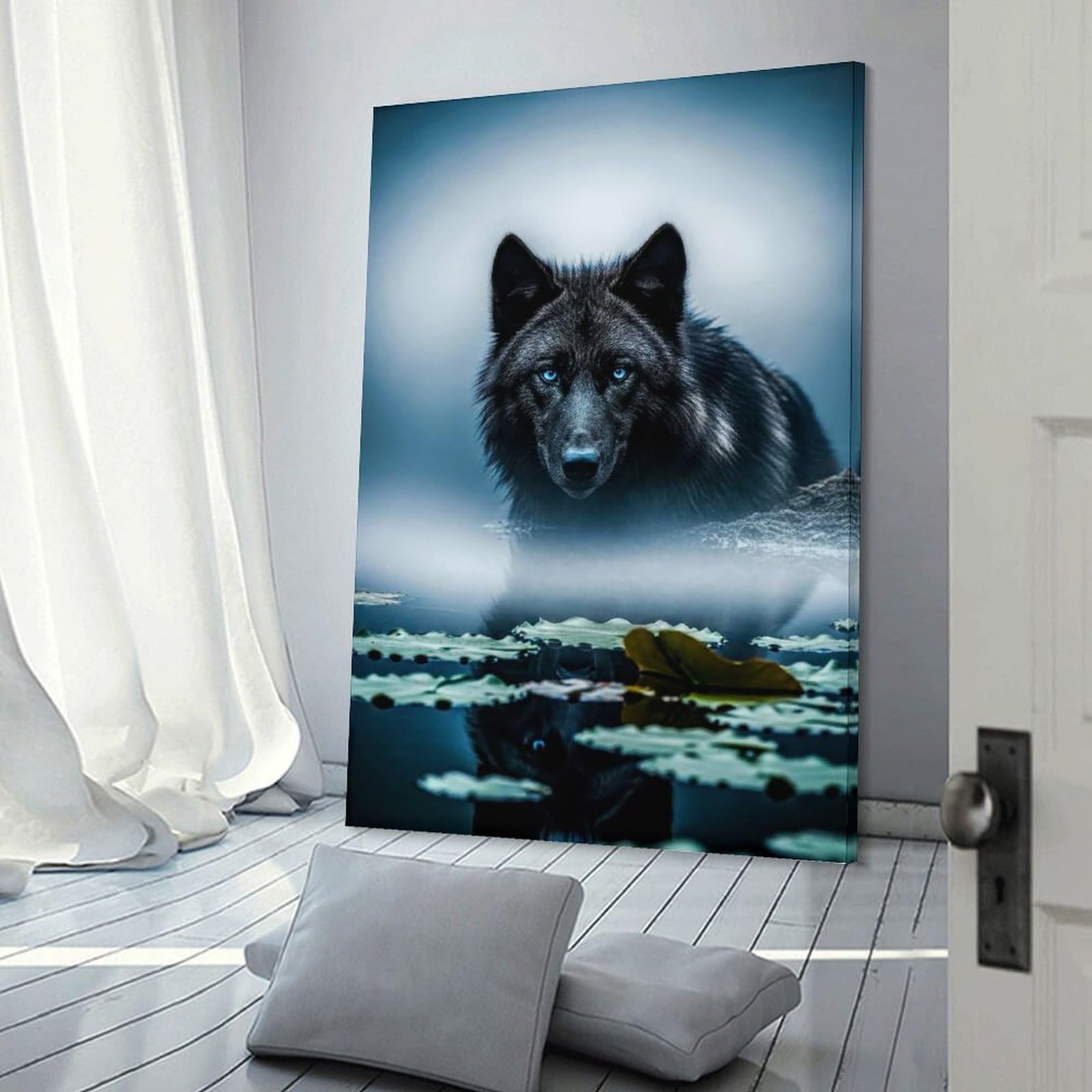 Junmoney Wolf with Blue Eyes in Water Decorative Canvas Print, 08x12inch(20x30cm), for Gallery Wall Decor And Room Displays, Wall Decor Suited to Curated Displays