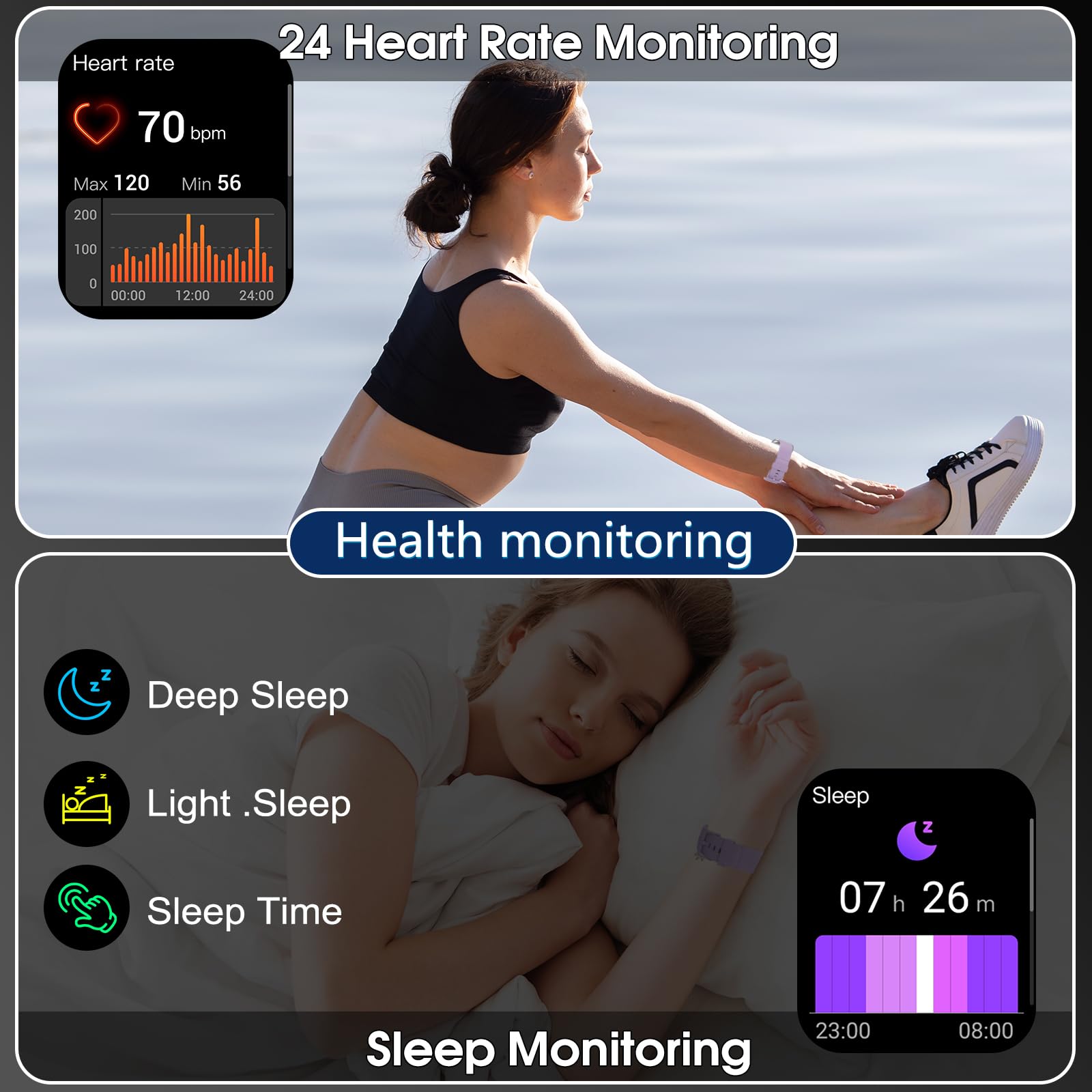 Puqo Smartwatch Uomo Donna, Nuovo 1,95'' Orologio Smartwatch Effettua/Risposta Chiamate, 112 Modalità Sportive Fitness Tracker con Contapassi/Sonno/Cardiofrequenzimetro, IP68 Smart Watch, Viola