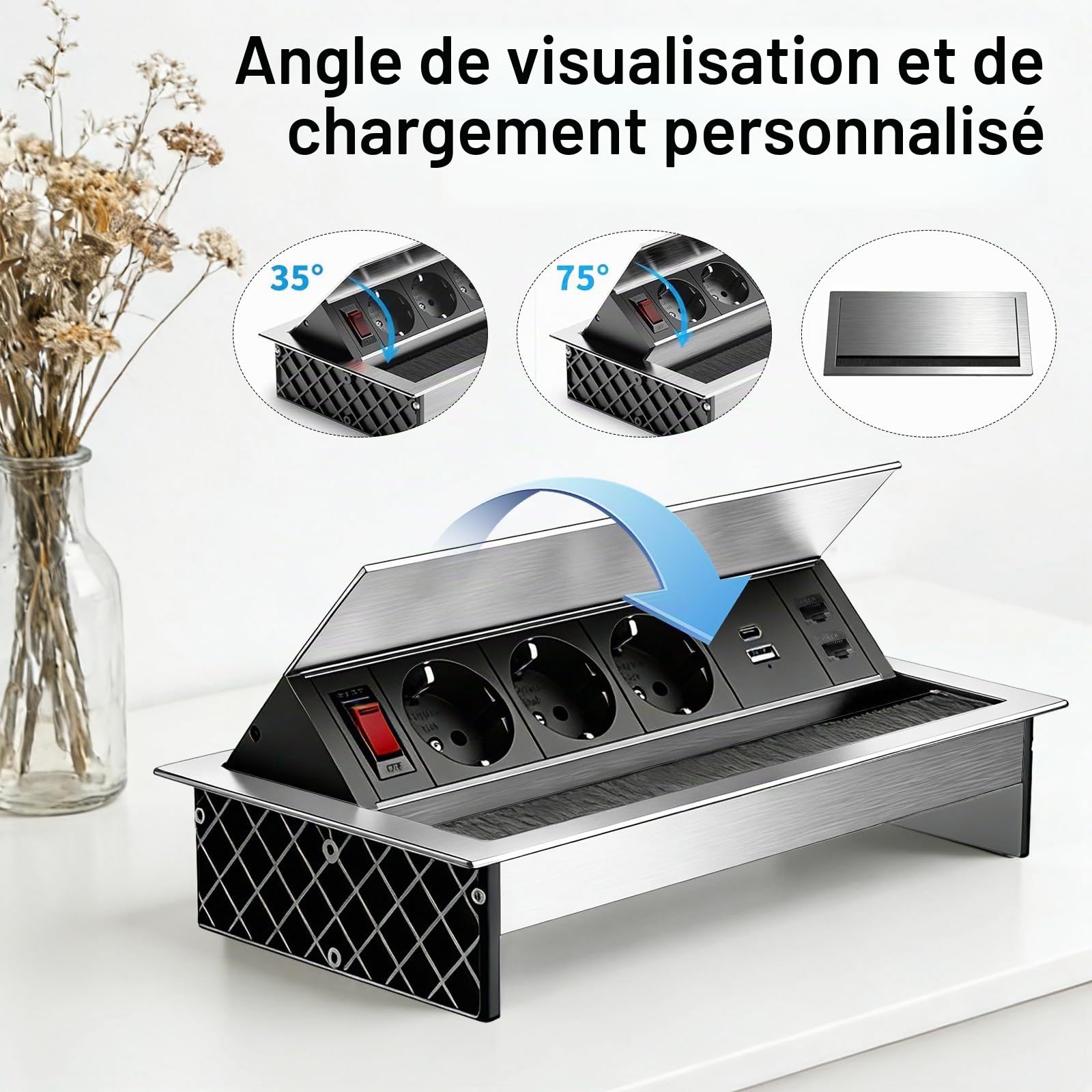 Multiprise Encastrable, Aluminium Prise Encastrable 3 Prises avec Types C, USB et 2 CAT6, Bloc Prise Escamotable avec Interrupteur pour Cuisines Bureaux Salle de Réunion, 1.8M Câble