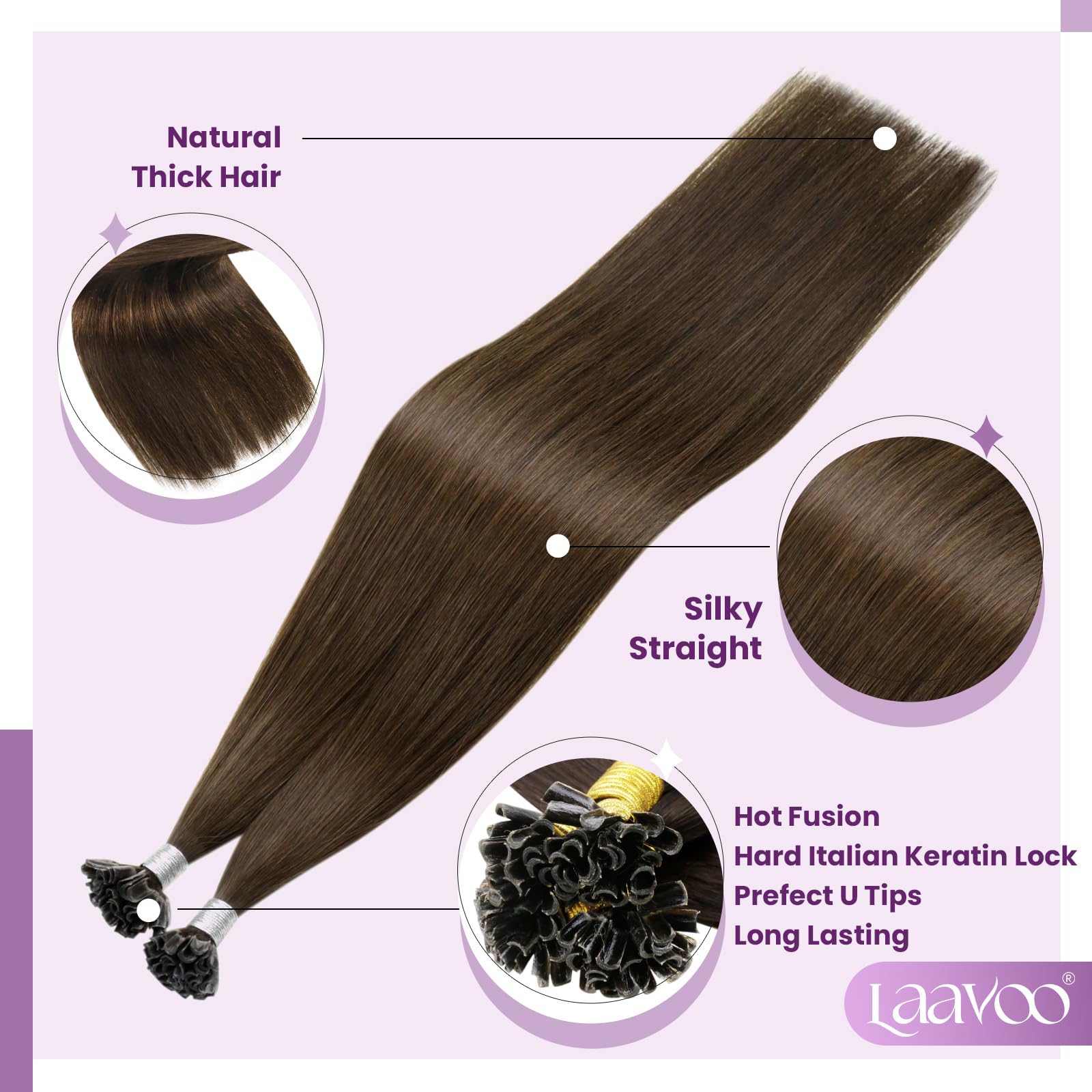 LaaVoo Hair Extensions U Tip Real Human Brown, Remy Straight Dark Brown Real Hair Extensions - Image 2