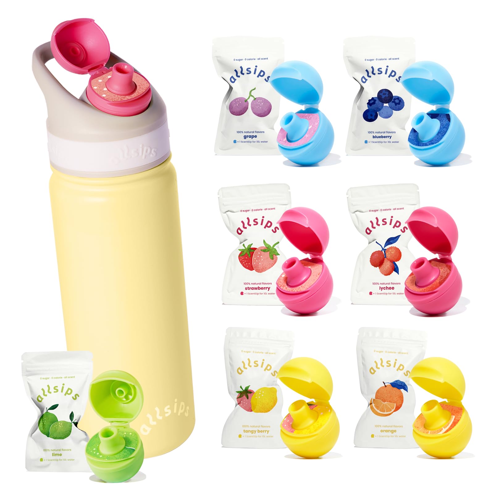 allsips 18oz Stainless Steel Air Water Bottle with 7 Straw & Refresher ScentSip Flavor Pods （Yellow）