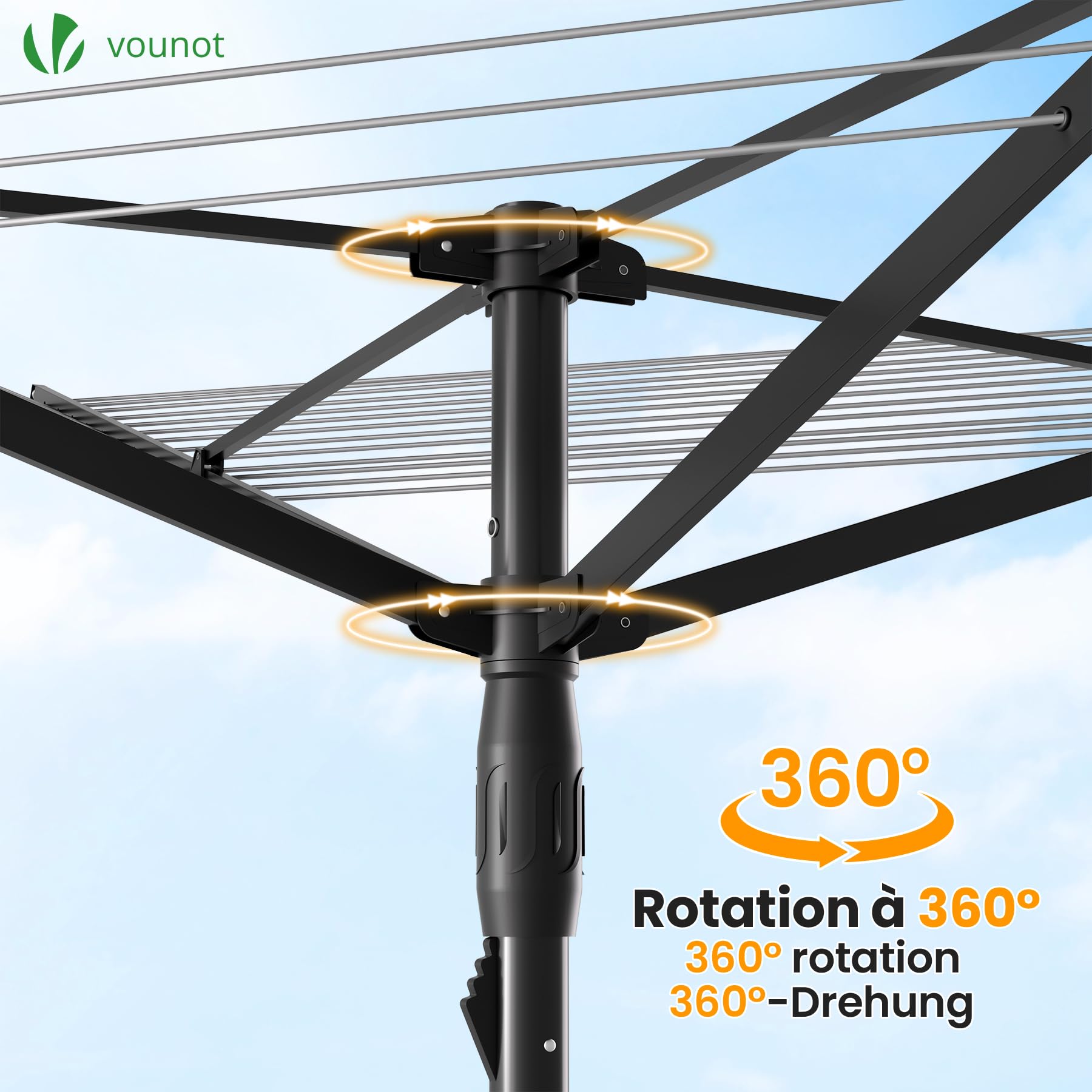 vounot® Etendoir à Linge Extérieur Rotatif 4 Bras Séchoir Parapluie Grande Surface D'Étendage 45M Séchoir à Linge avec Housse de Protection Piquet de Sol Noir Gris