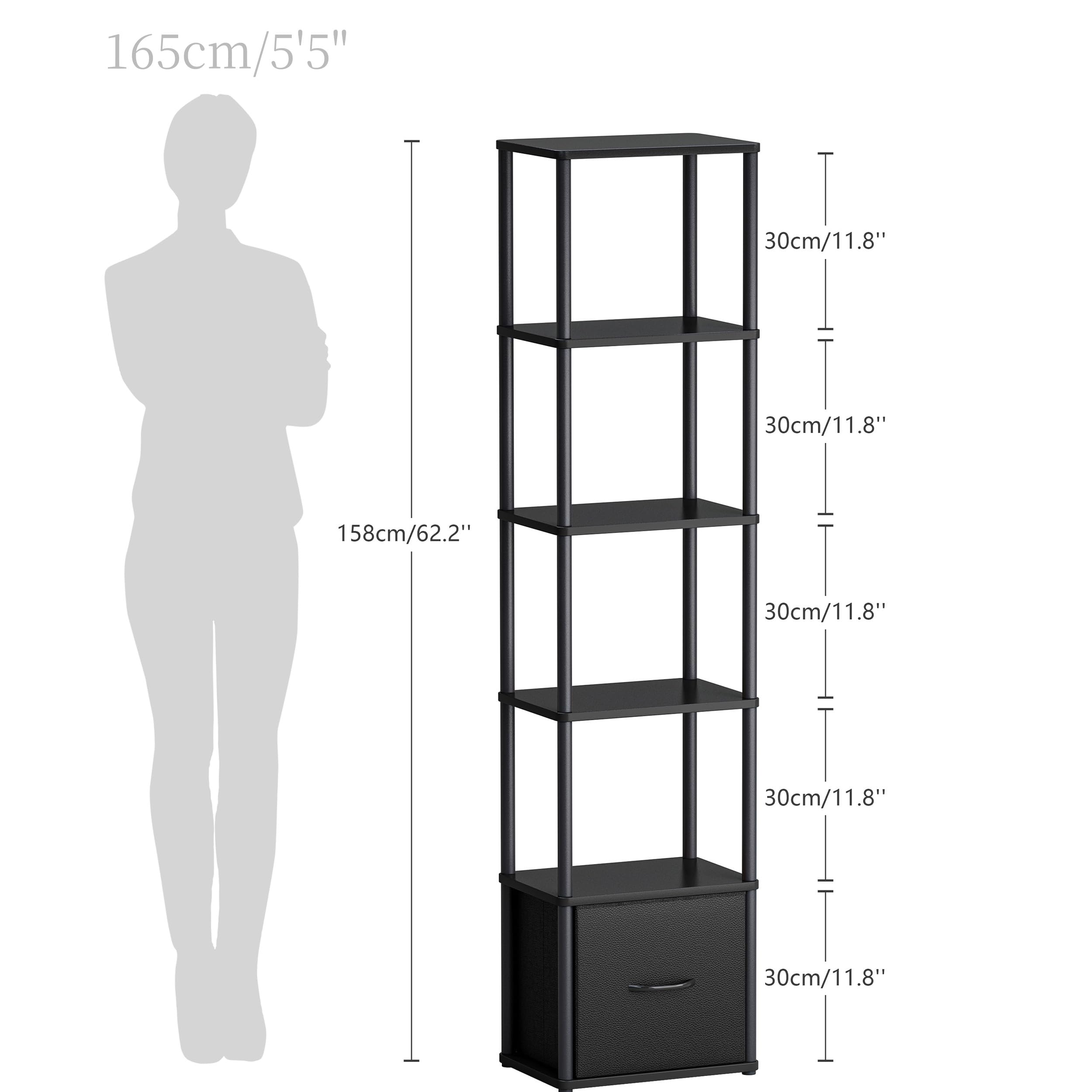 Libreria Angolare a 6 Ripiani Scaffale Salvaspazio Verticale con Struttura in Metallo e Legno Scaffale Libreria con 1 Cassetto per Soggiorno, Camera da Letto e Ufficio Nero HBC505B
