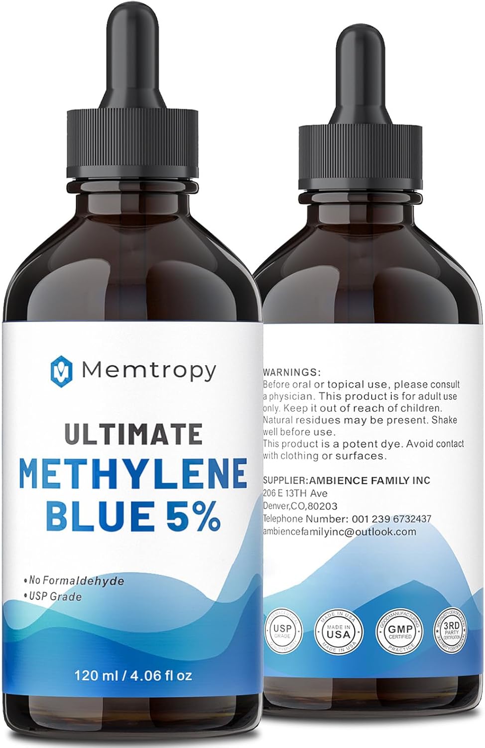 Methylene Blue Pharmaceutical Grade 4.06 fl oz (120 mL), 99% Purity Supplement for Humans, Formaldehyde-Free, Alcohol-Free, Glass Bottle