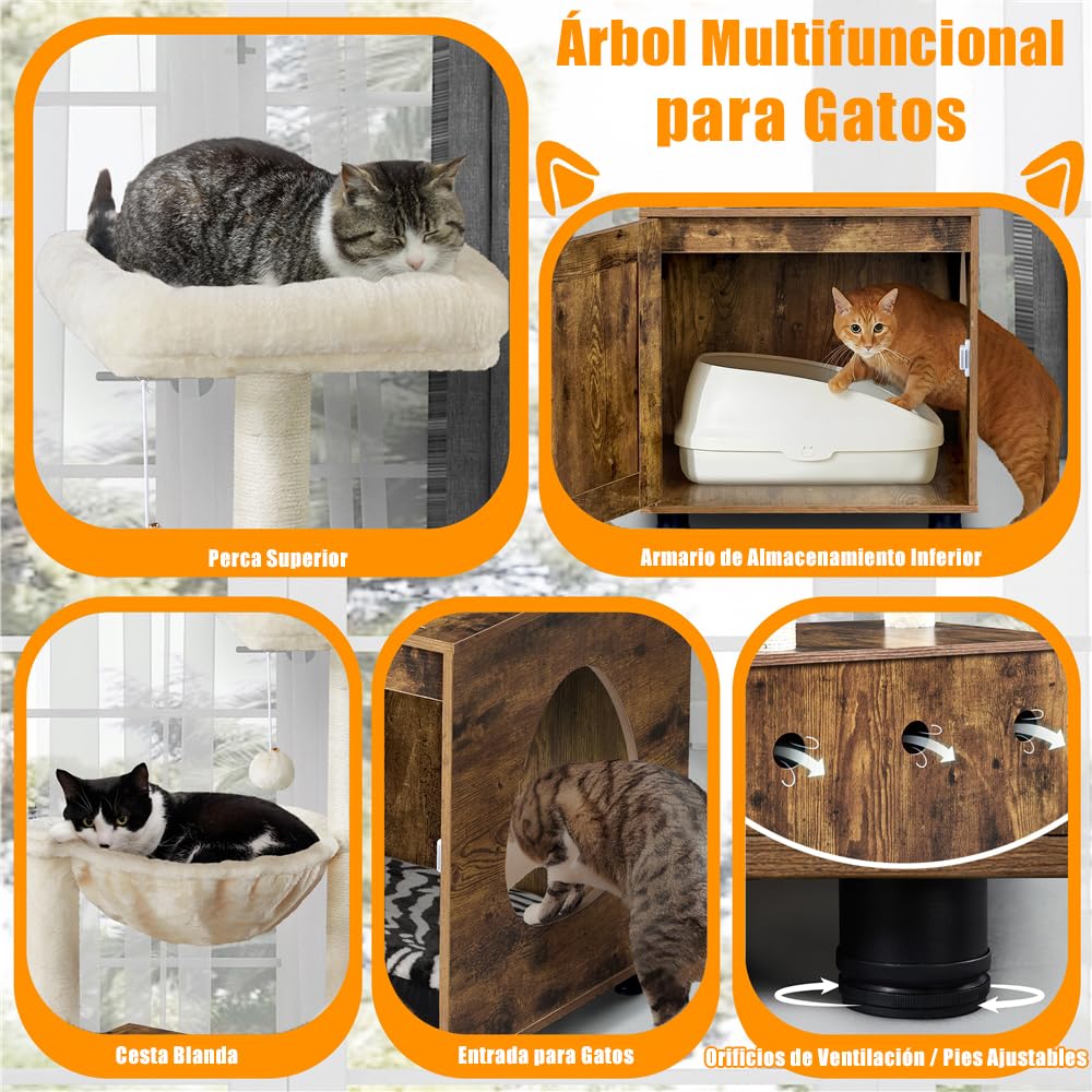 Yaheetech Árbol Rascador para Gatos con Mueble Casita de Arena 2 en 1 Altura 125 cm Marrón Rústico