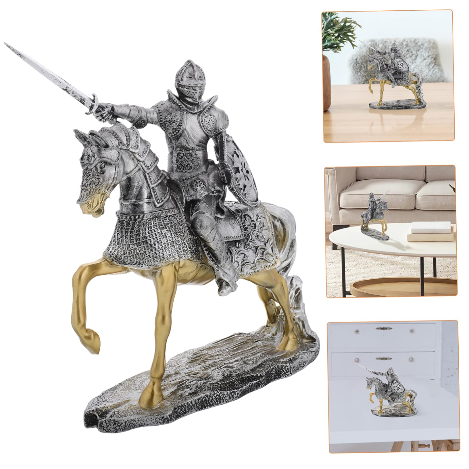 HANABASS Vintage Ritterfigur aus Kunstharz in Silber für Tischdekoration | Miniaturstatue mit Retro Eleganz, Flexible Platzierung für Büro und Wohnzimmer, Stilvolle Sammelfigur