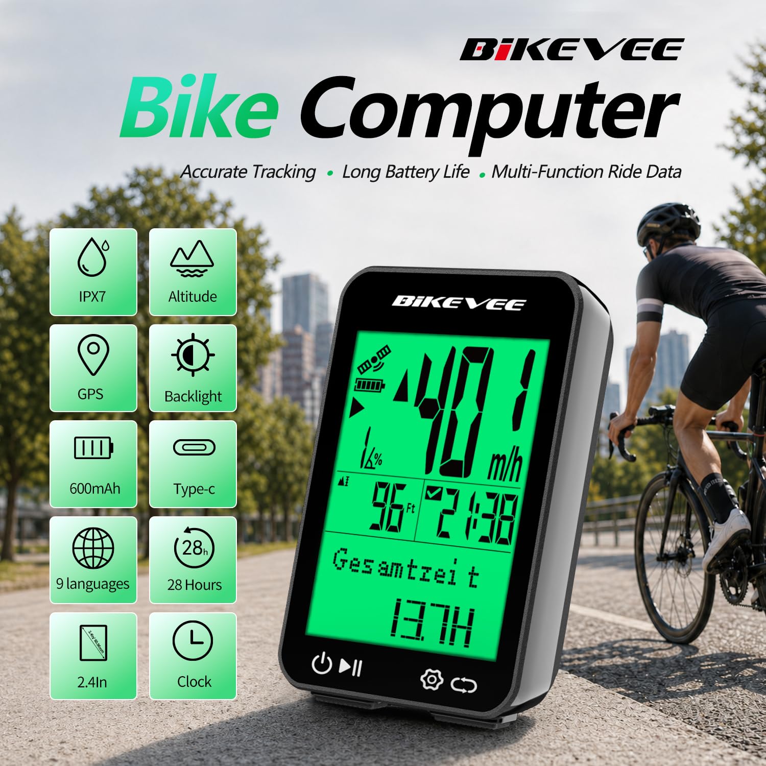 Fahrradcomputer GPS Kabellos Tacho Fahrrad IPX7 Wasserdicht 2,4 Zoll Display mit Temperatur Steigung Höhe Auto Start Stopp KMH MPH 9 Sprachen