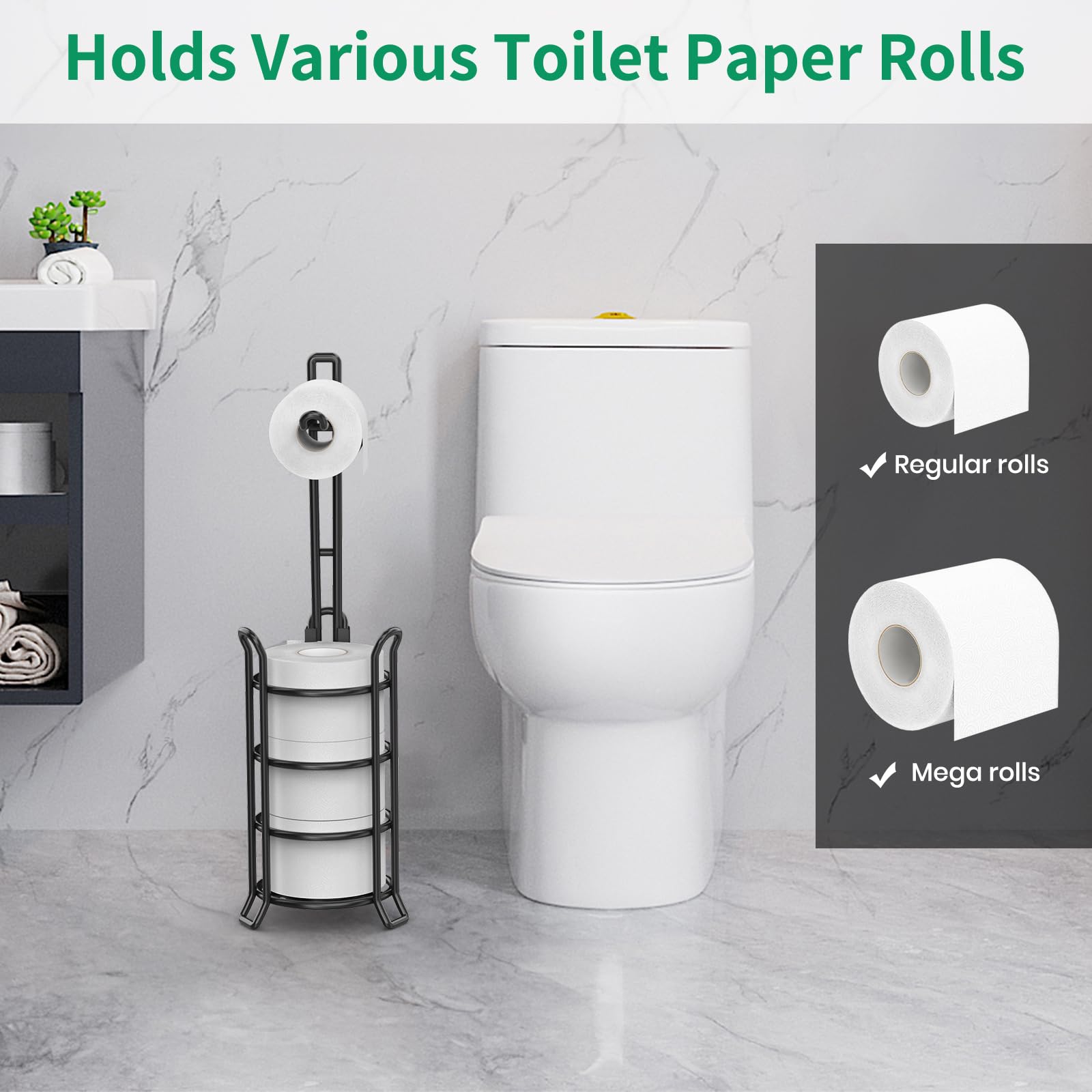 Soporte de pie para papel higiénico, dispensador para 3 rollos adicionales de papel higiénico, de alambre de metal, estante de almacenamiento para rollos de papel higiénico, accesorios organizadores para baño, negro 4