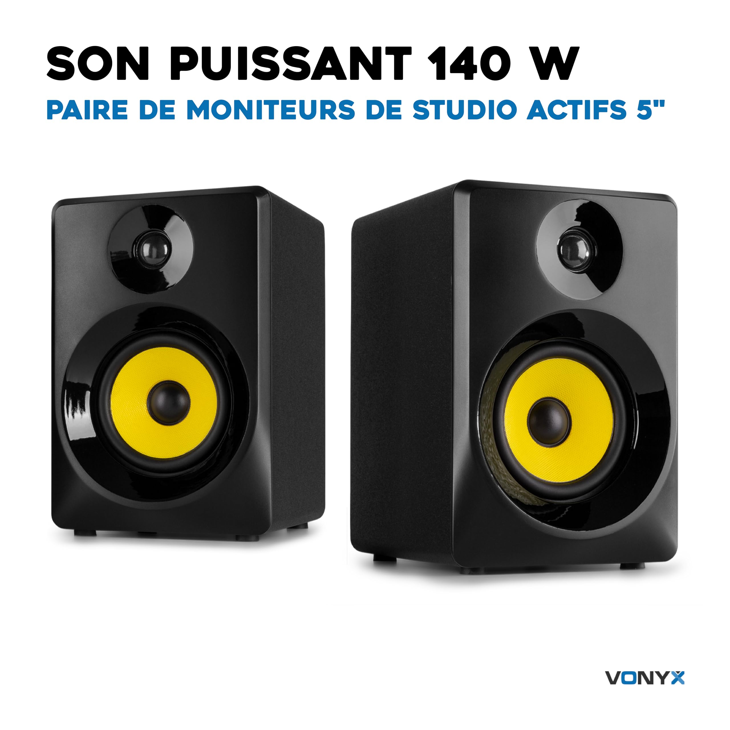 VONYX SMN50B Enceintes Monitoring - Paire d'Enceintes de Studio 5 Pouces, Puissance 140 Watts Max, Réglages Graves et Aigus, Qualité Idéale pour Mastering en Studio