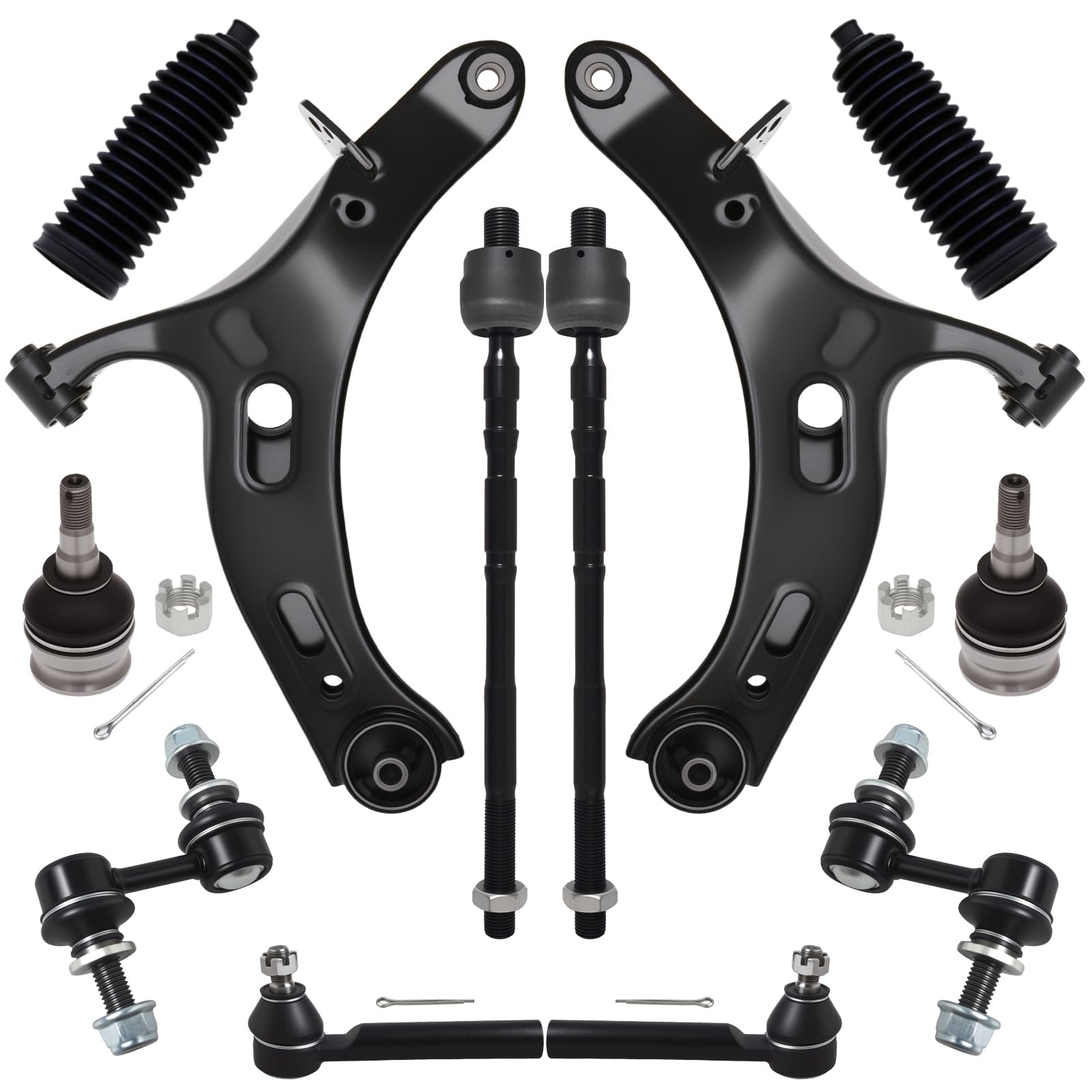 AUQDD 12Pcs Front End Suspension Kit Fit For 2010-2014 Su-baru Outback, 2 Lower Control Arm 2 Ball Joint 2 Sway Bar Link 4 Outer & Inner Tie Rod End (