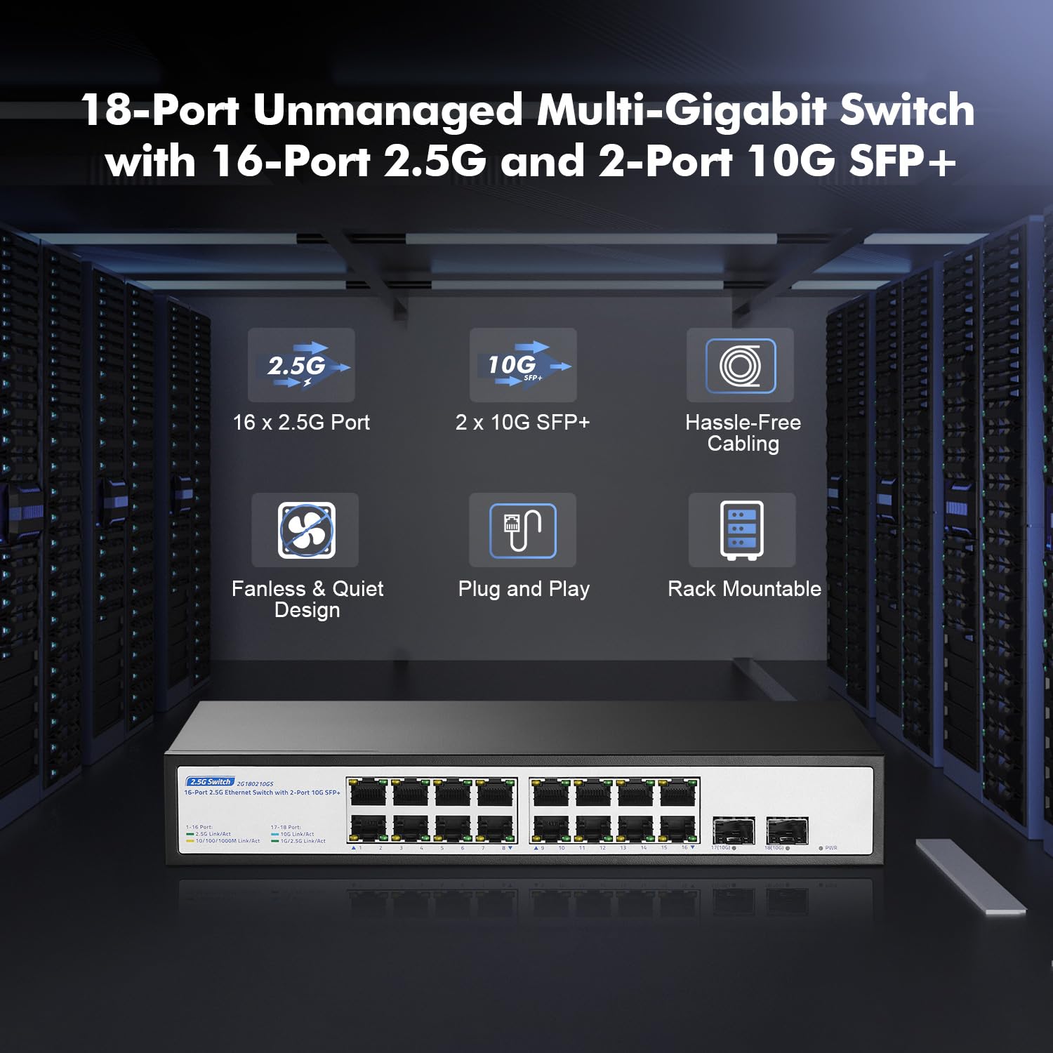 18-Port-2,5-G-Switch, 16x2,5G + 2x10G SFP+, lüfterloser, YuLinca 2,5-Gigabit-Switch für PC, Nicht verwalteter Ethernet-Switch aus Metall, Plug & Play, geräuschlos, für Desktop/Rackmontage
