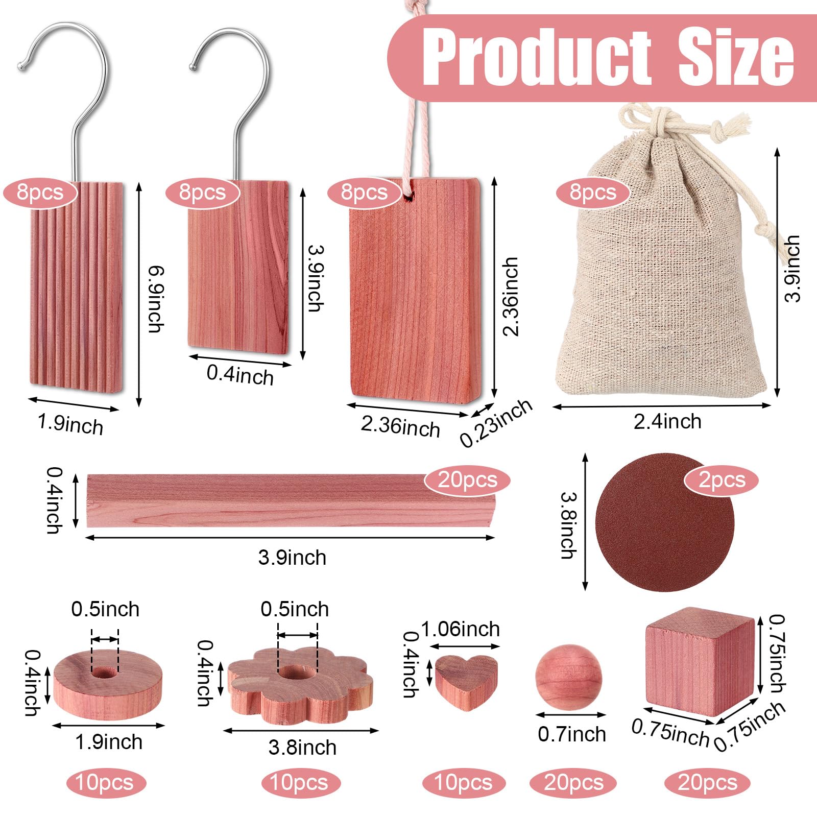 Geelin 122 Pcs Cedar Blocks for Clothes Storage Planks with Metal Hooks Cedar Chips Wood Balls and Rings Scented Sachets for Closet Drawer Shoe Cabinet Storage Bags