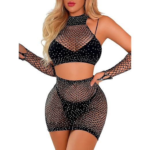 Kaei&Shi Rave Outfits for Women Festival,Glitter Rhinestone Fishnet Skirt Set,Sexy Mesh Swimsuit Cover Up Pool Party Outfit