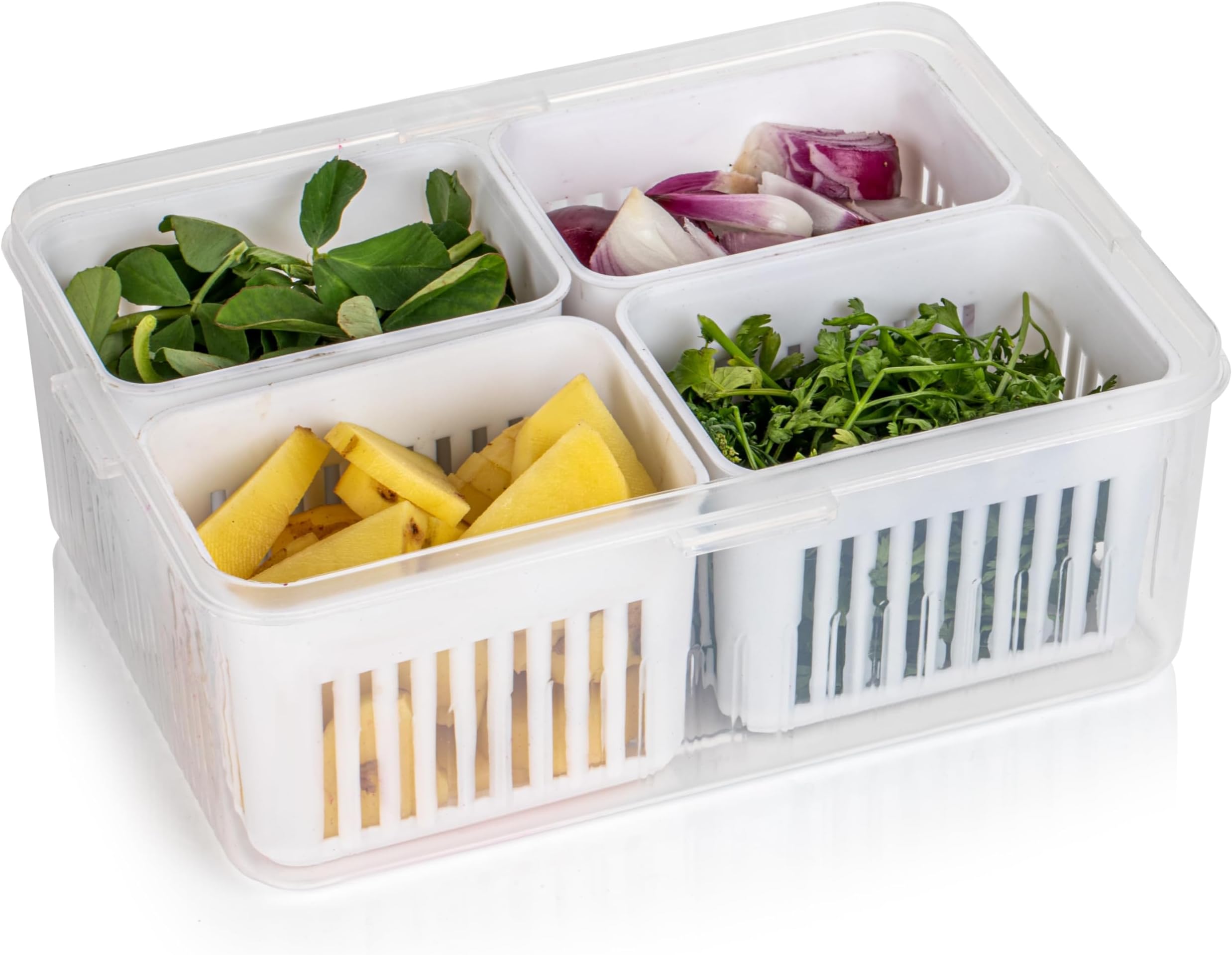 - RECLUSE Divided Serving Tray with 4 Compartments Reusable Veggie Charcuterie Container Portion Control Salad Keeper Removable Boxes Stackable Refrigerator Organizer Fruit Nuts Food Storage Container