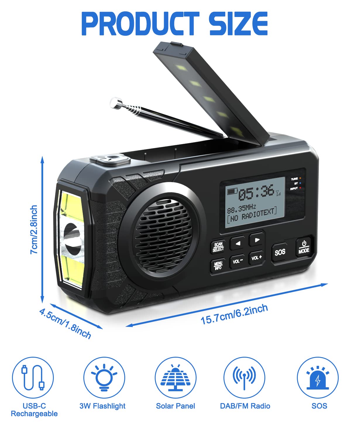 UOHHBOE Radio Solaire Dab/FM 5000mAh Radio Portables USB-C Rechargeable Dynamo Survie avec Manivelle Lampe Poche Lampe Lecture Alarme SOS pour Camping Randonnée Urgence