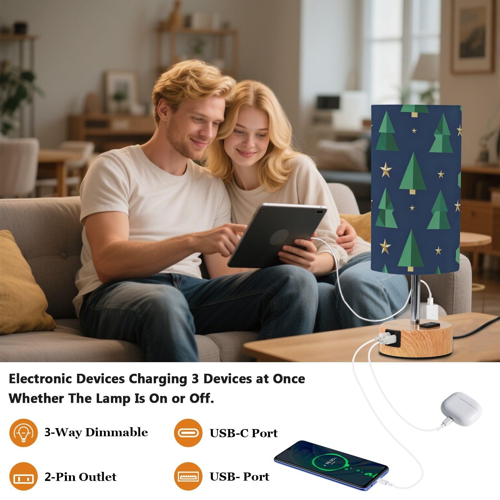 Kształt choinki wzór gwiazdy lampa stołowa do sypialni lampy biurkowe z portami USB C+A żarówka LED w zestawie na kemping