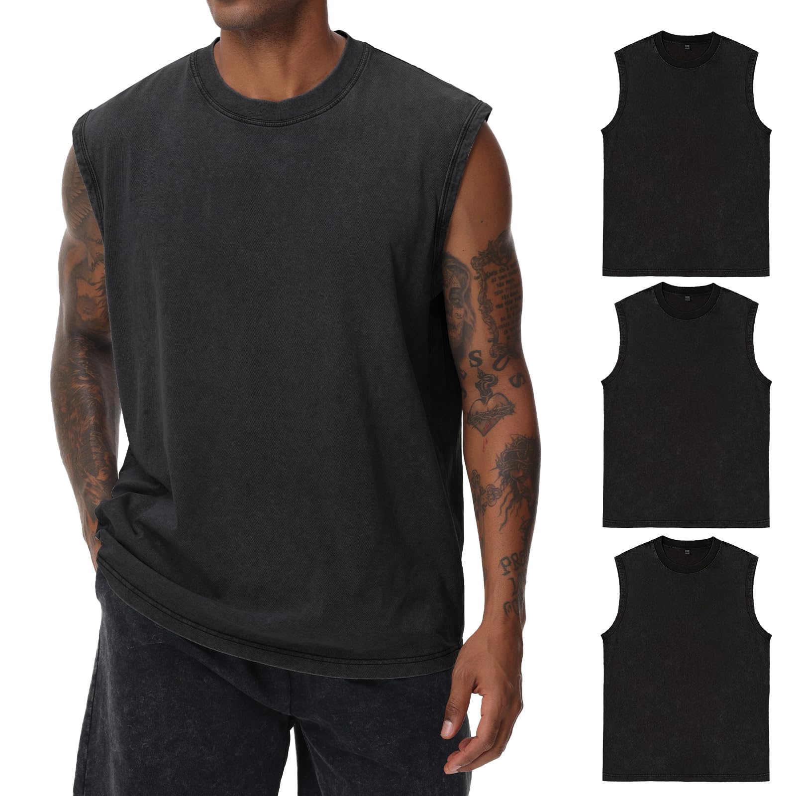 Herren Kurzarm Sommer Ärmelloses Shirt, Männer Fitness ärmellos Weste, Washed Sleeveless t-Shirt, Workout, Fitnessstudio, Baumwolle