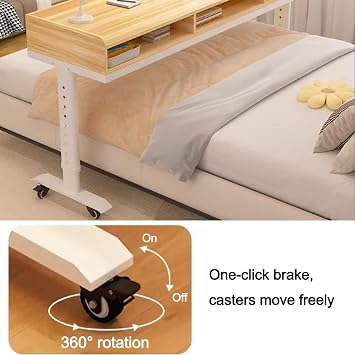 Height Adjustable Over Bed Table with Drawer, Overbed Table with Wheels, Rolling Over Bed Desk with Baffle, Laptop Workstation for Bedroom, Living Room, Office(Wood,59.1x23.6)