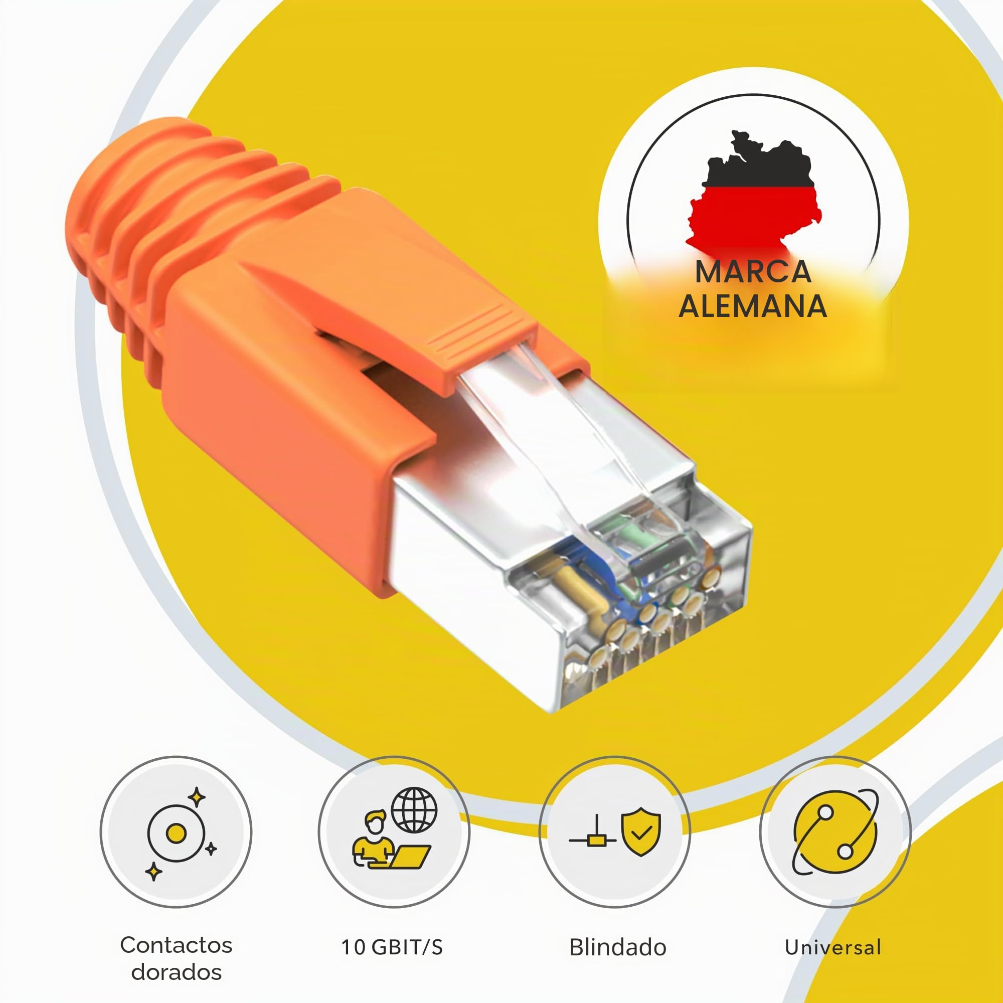 RedStar24 Conectores RJ45 Cat7 – Pack de 10 enchufes Ethernet Pass Through con protección contra dobleces y ojal de inserción – Compatibles con cables Cat7, Cat6A, Cat6 AWG23 – 8 pines – naranja