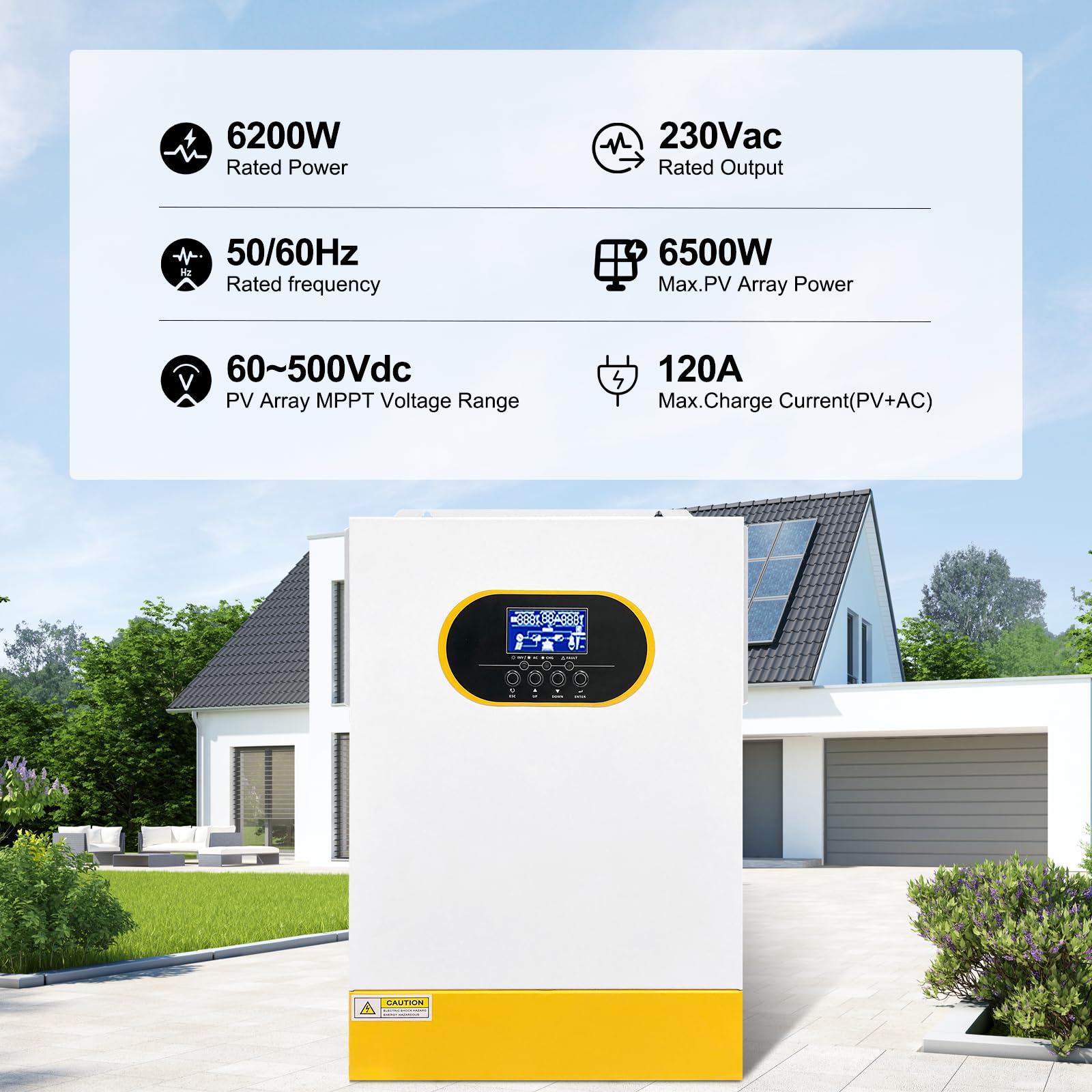 6200W Solar Hybrid Wechselrichter 48Vdc zu 230Vac, Pure Sine Wave, mit 120A MPPT Regler, 98% Wirkungsgrad, Solar und Generatoranschluss, Geeignet für netzunabhängige Systeme im Haushalt