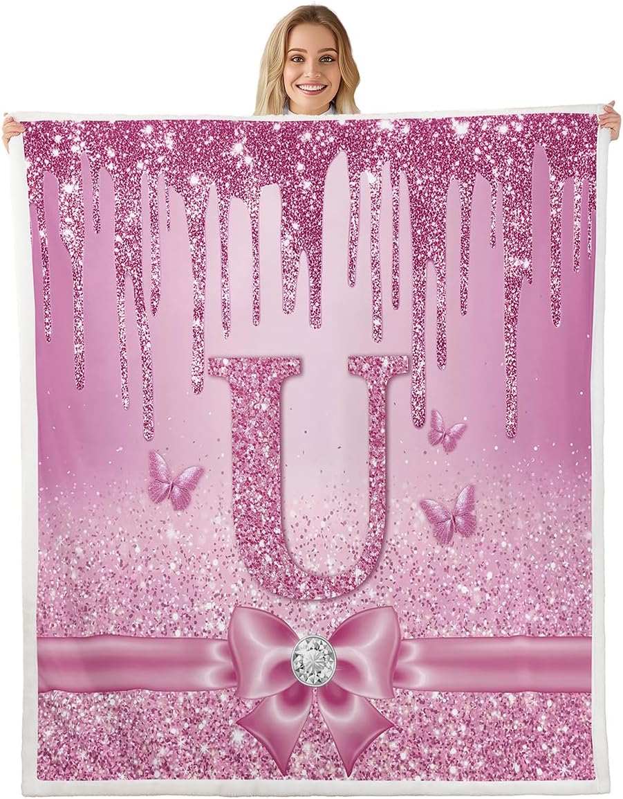 Erosebridal Alphabet Letter U Sherpa Blanket for Kids Girls - Pink Purple Fantasy Monogrammed Fuzzy Plush Throw Coquette Personalized Initial Fleece Blanket,Preppy Princess Bow Twin 60"x80"