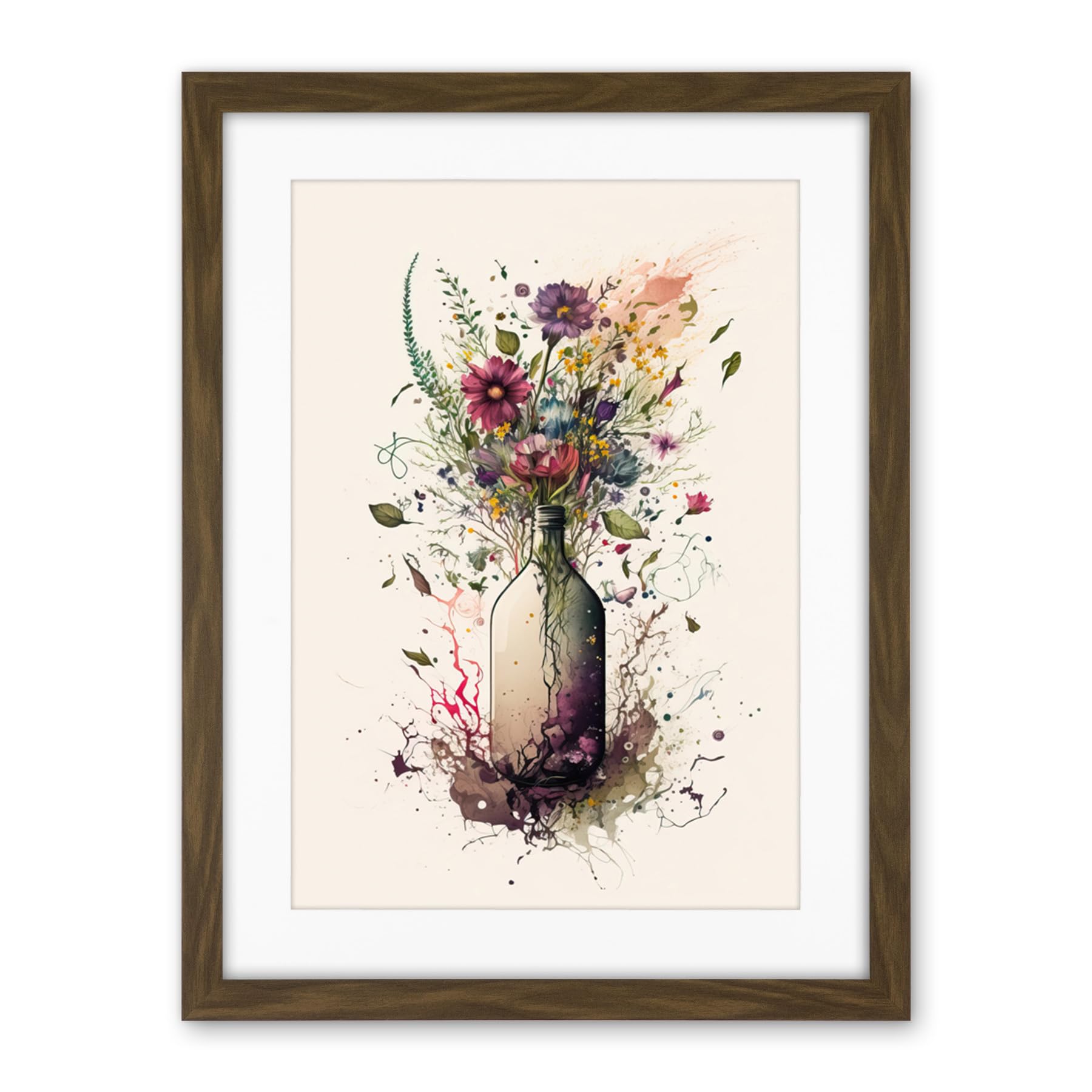 Artery8 Spring Wildflower Floral Bouquet in a Wine Bottle Artwork Framed Wall Art Print 18X24 Inch