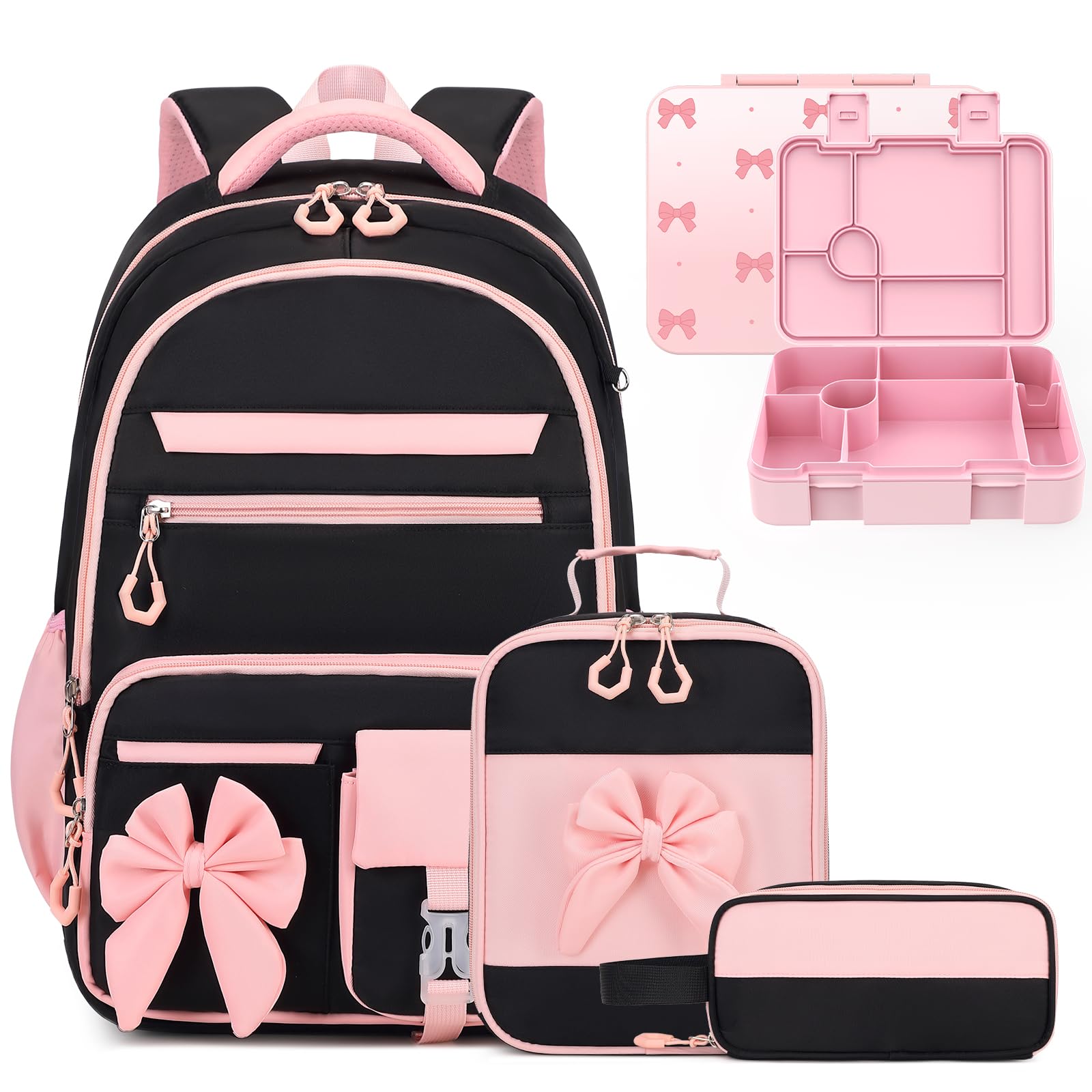 DIGOBAY Girls Backpack - Kids Bento Box w/Cutlery, Lunch Bag & Pencil Case | 4PCS Backpack for Girls - Kids Bento Box Set Include 6 Leak-Proof Compartments, Removable Tray for Girls, Teens School Picnic Lb-black-pink 4pcs Backpack with Bento Box
