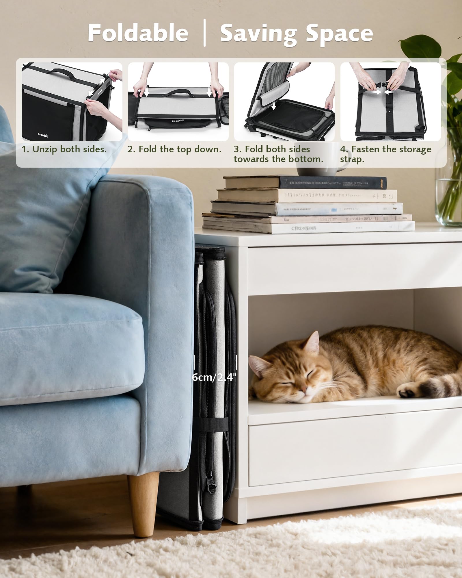 Pecute Trasportino Cani Stabile Leggero, per viaggi e auto, Portatile Con Finestre Traspiranti, Pieghevole Per Animali Domestici, Uso Interno Esterno, 61×45×52 cm, Grigio