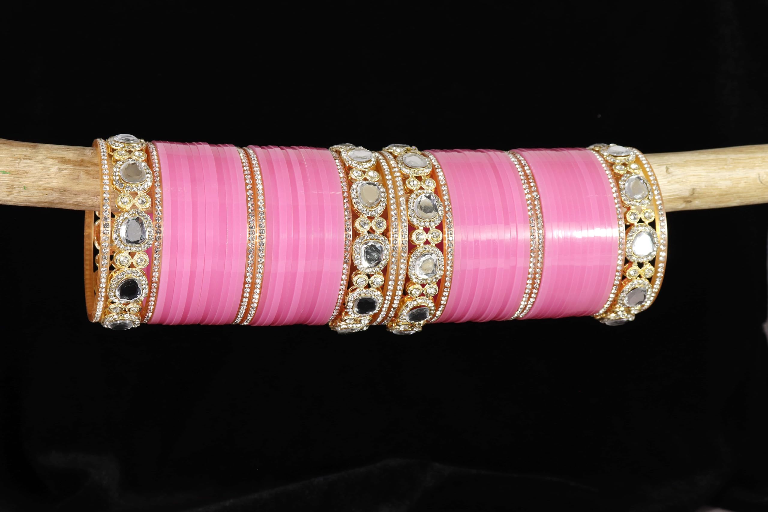 LAVAZZA Traditional Golden Metal Zircon Stone & Kundan Acrylic Bangles Chuda Set For Bridal Women & Girls | Chuda Set Pink For Bridal | Chudi Set for Women -(ChudaSet-2-Pink-2.6), Set of 64 1