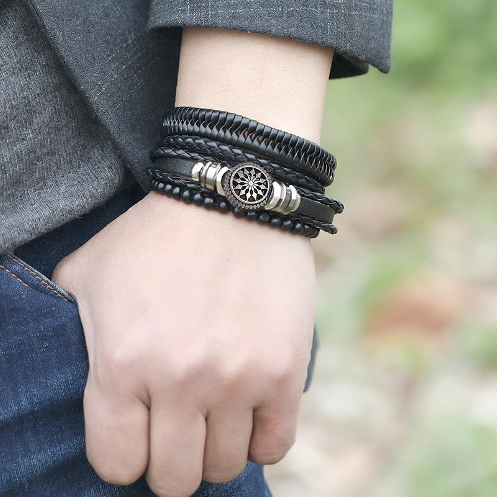 LYGXWJFC Männer Armbänder Vintage Multilayer Leder Geflecht Armbänder Armreifen Handgemachte Seil Wrap Armbänder Männliche Geschenk Schmuck