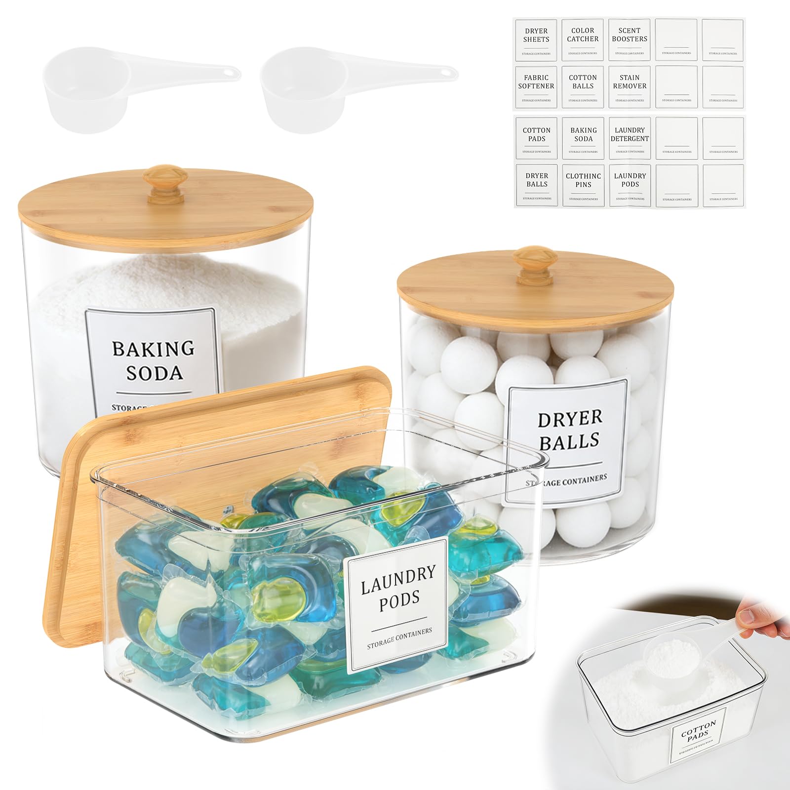 Ghshanog Clear 3Pcs Laundry Pods Container And Dryer Sheet Holder Set, Washing Powder Storages With Wood Lid And Labels,Laundry Room Organization Containers For Washing Pods, Powder, Scent Booster