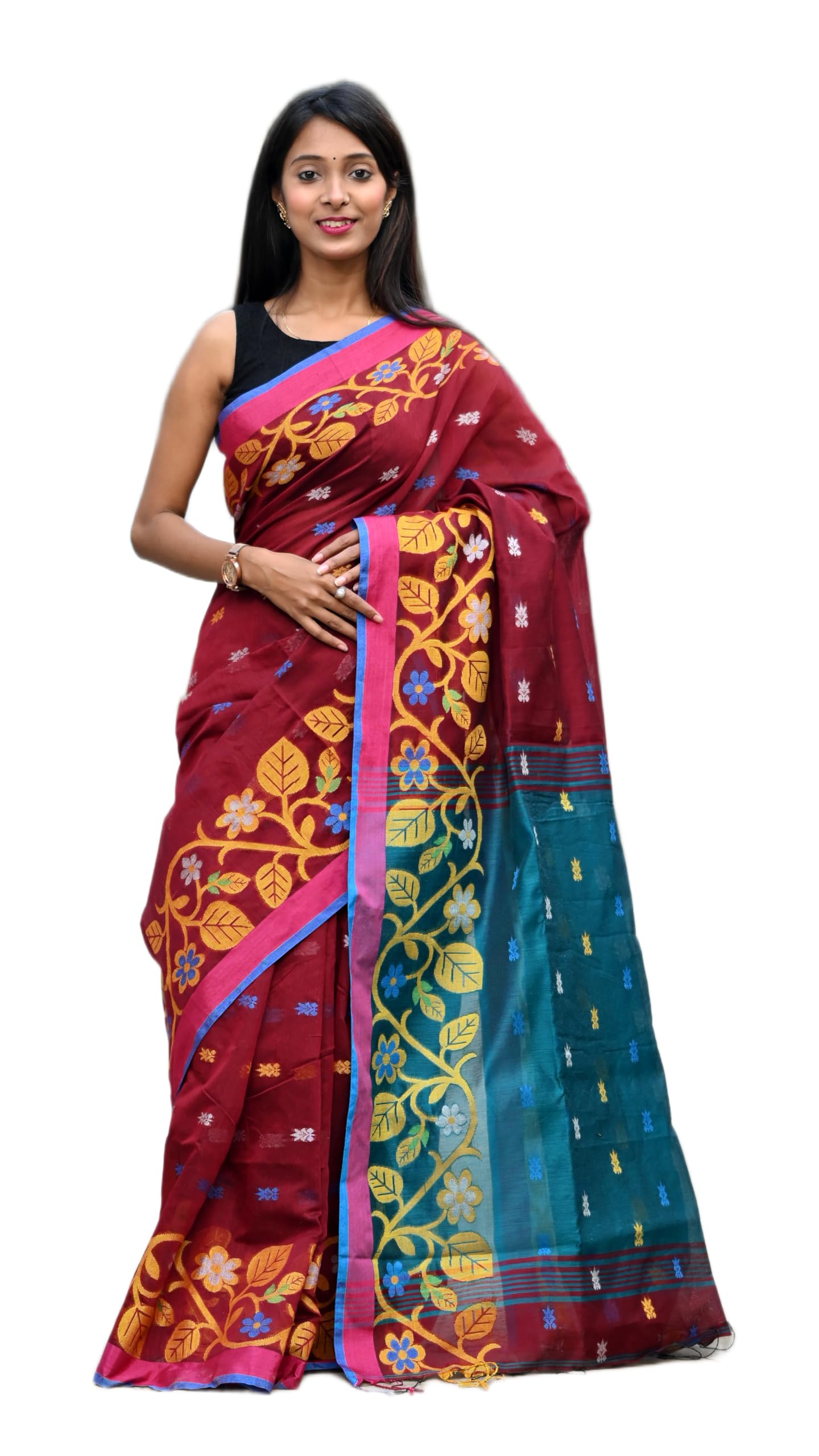 Maroon & Blue Pure Cotton Saree - Embellished Handloom Saree | Traditional Looks-image-0