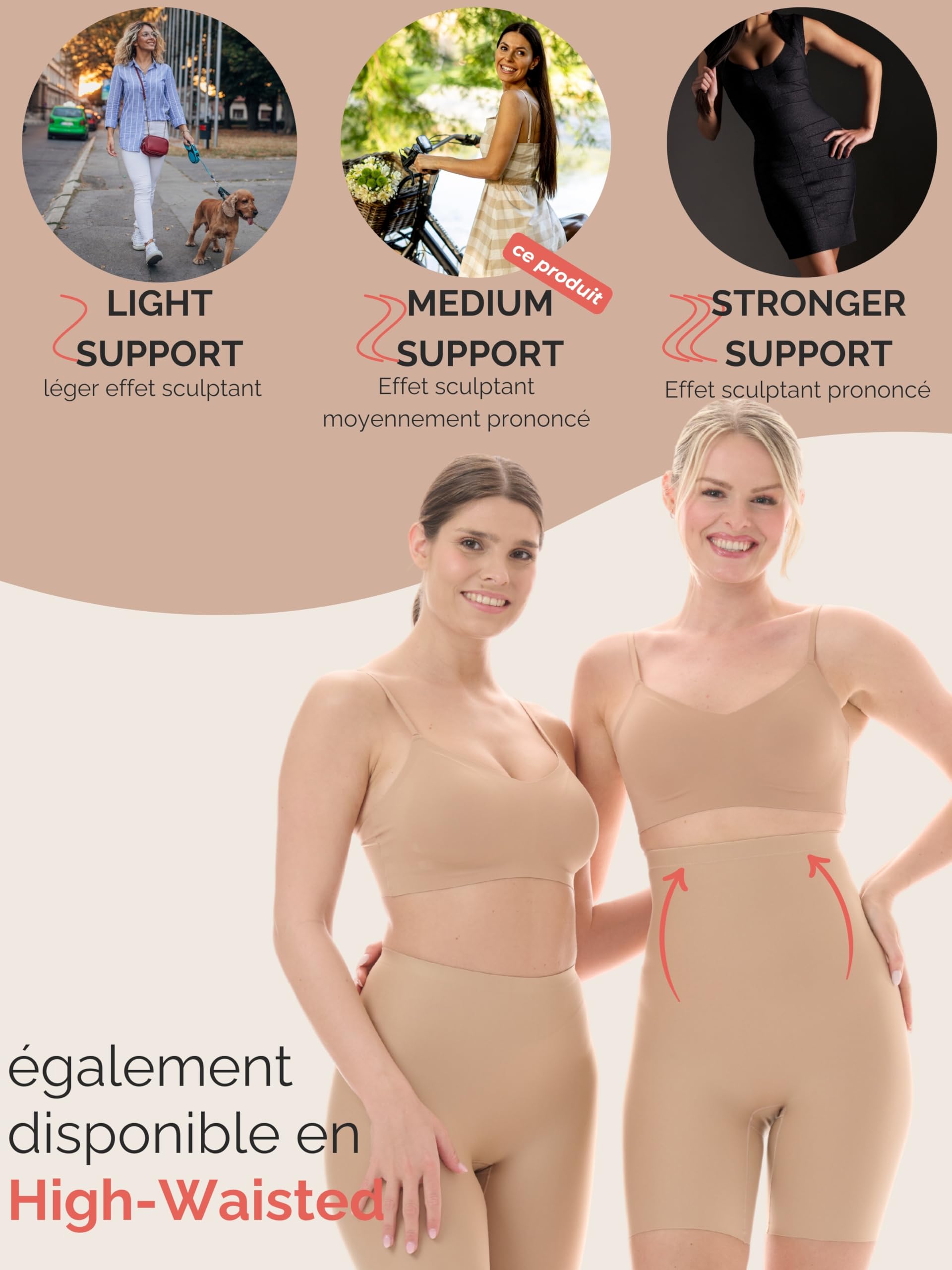 TONEST Culotte Shorty Gainante Femme - Taille Moyenne - Ventre Plat - Shapewear Fortement Sculptant avec Jambes - Pantalon de Cyclisme Amincissant - Push Up - 1300-MS-FC