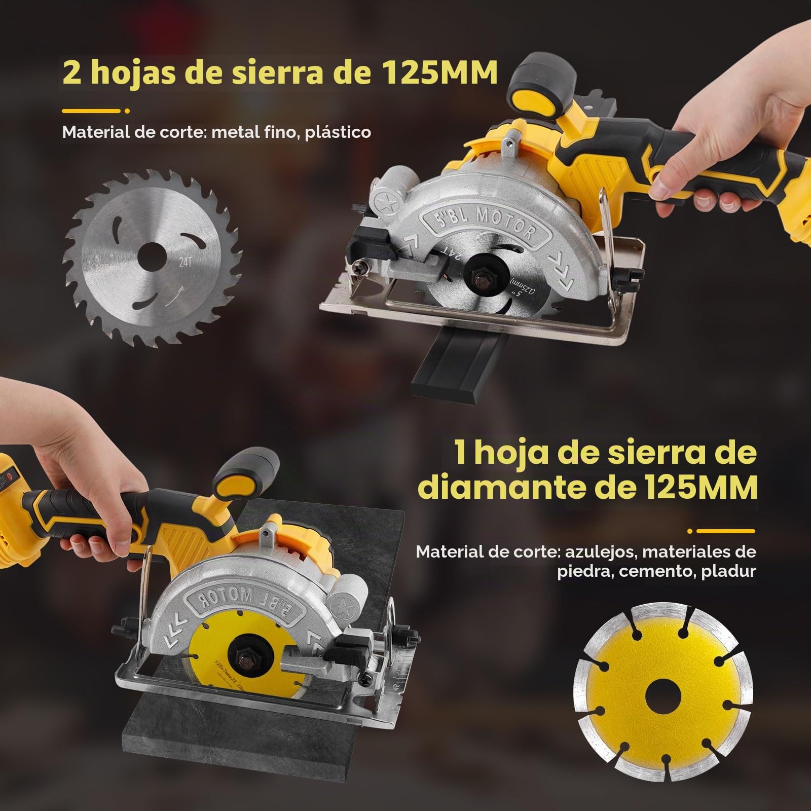 Sierra circular inalámbrica para batería Dewalt de 18 V, 6200 rpm, sierra circular profesional sin escobillas de 5 pulgadas con 3 cuchillas, ángulo de corte de 0-45° para corte de azulejos de madera y