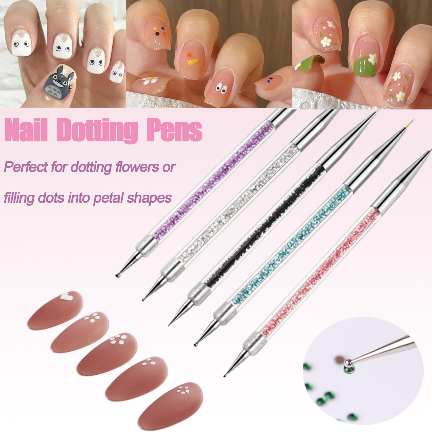 Juego de 5 pinceles de uñas acrílicas de doble punta con 5/7/10/12/0.591 in y bolígrafos punteadores para uñas francesas 3