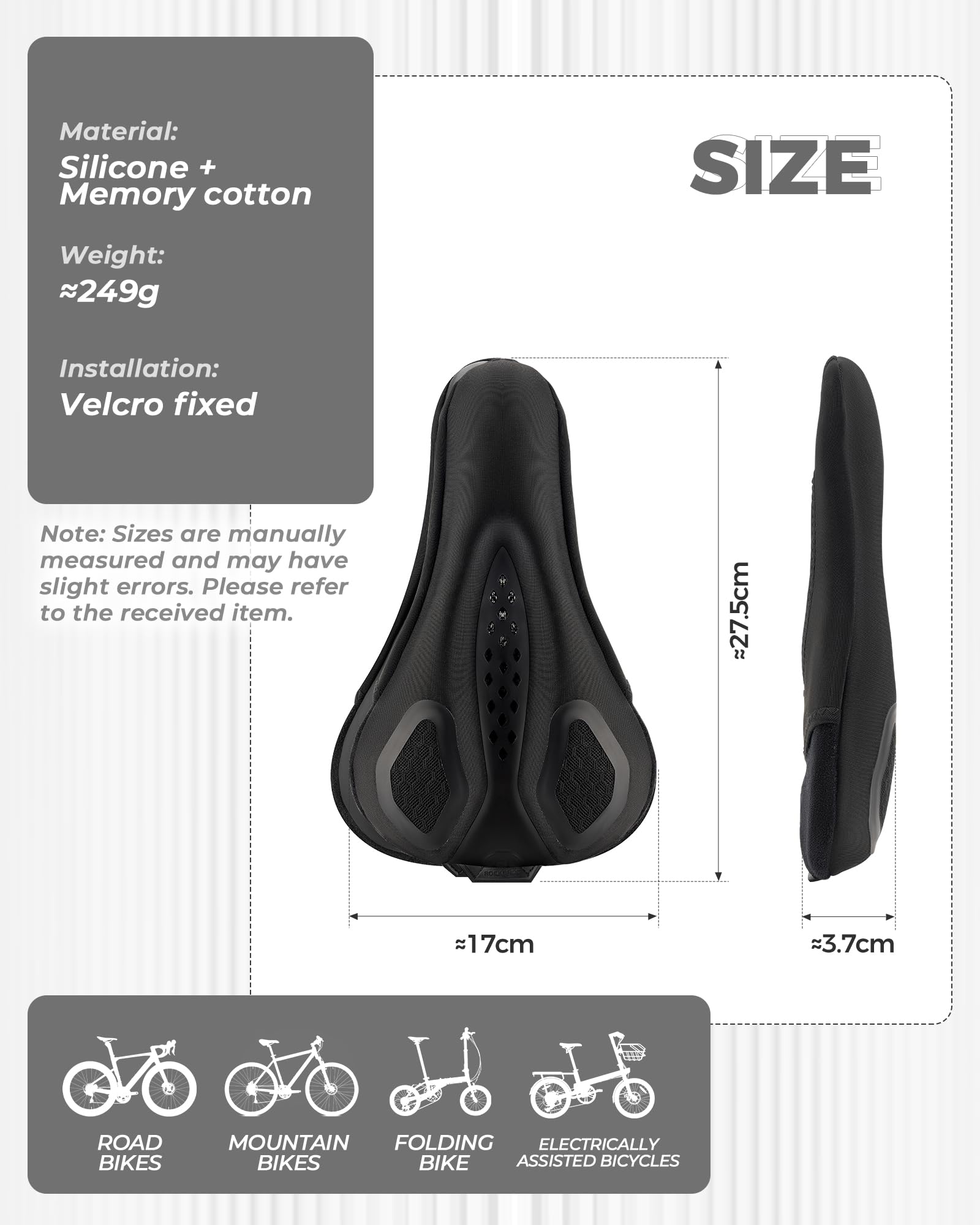 ROCKBROS Coprisella Bici Morbido, Coprisella Bici Gel, Copri Sella Bici Traspirante con Cuscino Memory Foam, Copri Sellino Adatta a MTB, Bici da Corsa, City Bike con Copertura Impermeabile, Nero