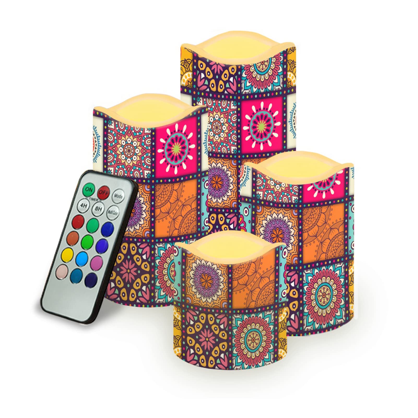 Kuiaobaty Ethnic Grid Flower Flameless Candle Lights Realistic and Bright, Abstract Floral Battery Operated LED Candles for Bedroom Home Party