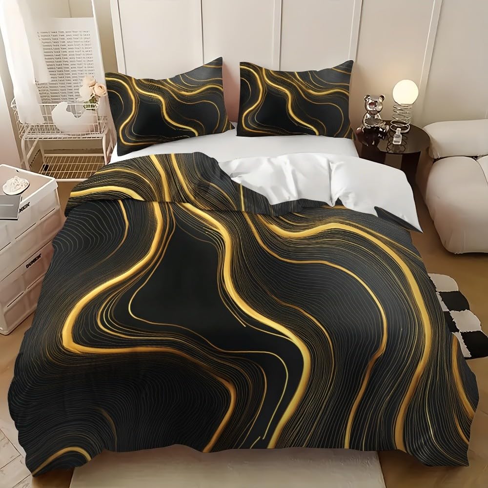 Zestaw poszewek na kołdrę 220x220 cm czarno-złoty 3 sztuki, nadruk 3D