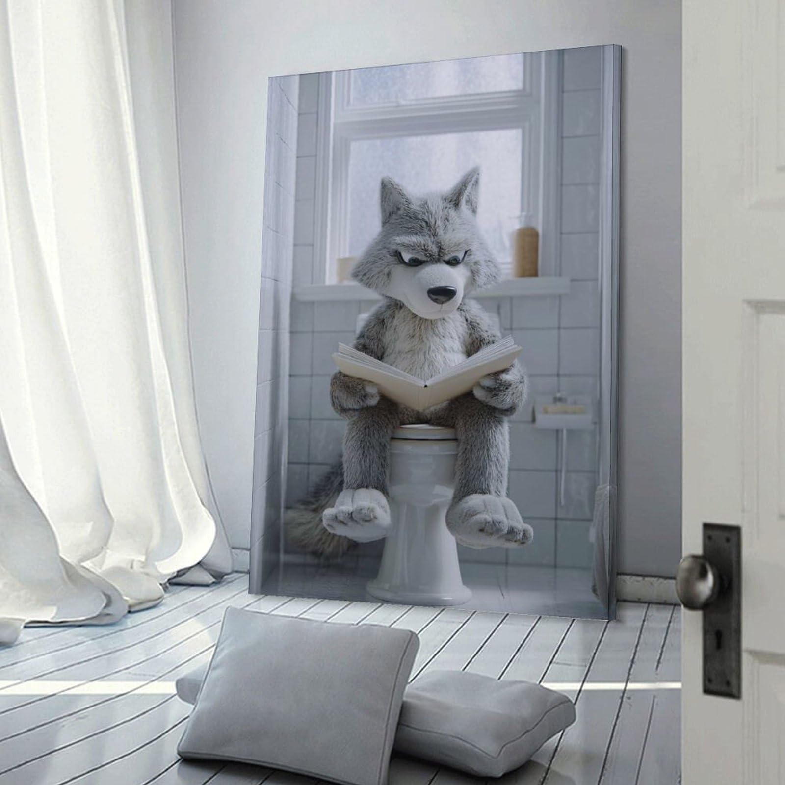 Junmoney Frame-Style-24 Wolf Reading On A Toilet Wall Picture Print 08X12inch(20X30cm), For Lounge Decor, Offices Or Entryway Styling, Versatile Wall Decor For Many Rooms