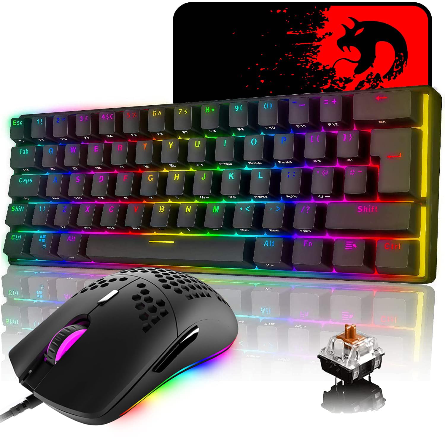 MK21 Gaming-Set: 60% Mechanische Tastatur + 6400 DPI Maus + Mauspad für PS4, Xbox, PC - Schwarz/Brown Switch