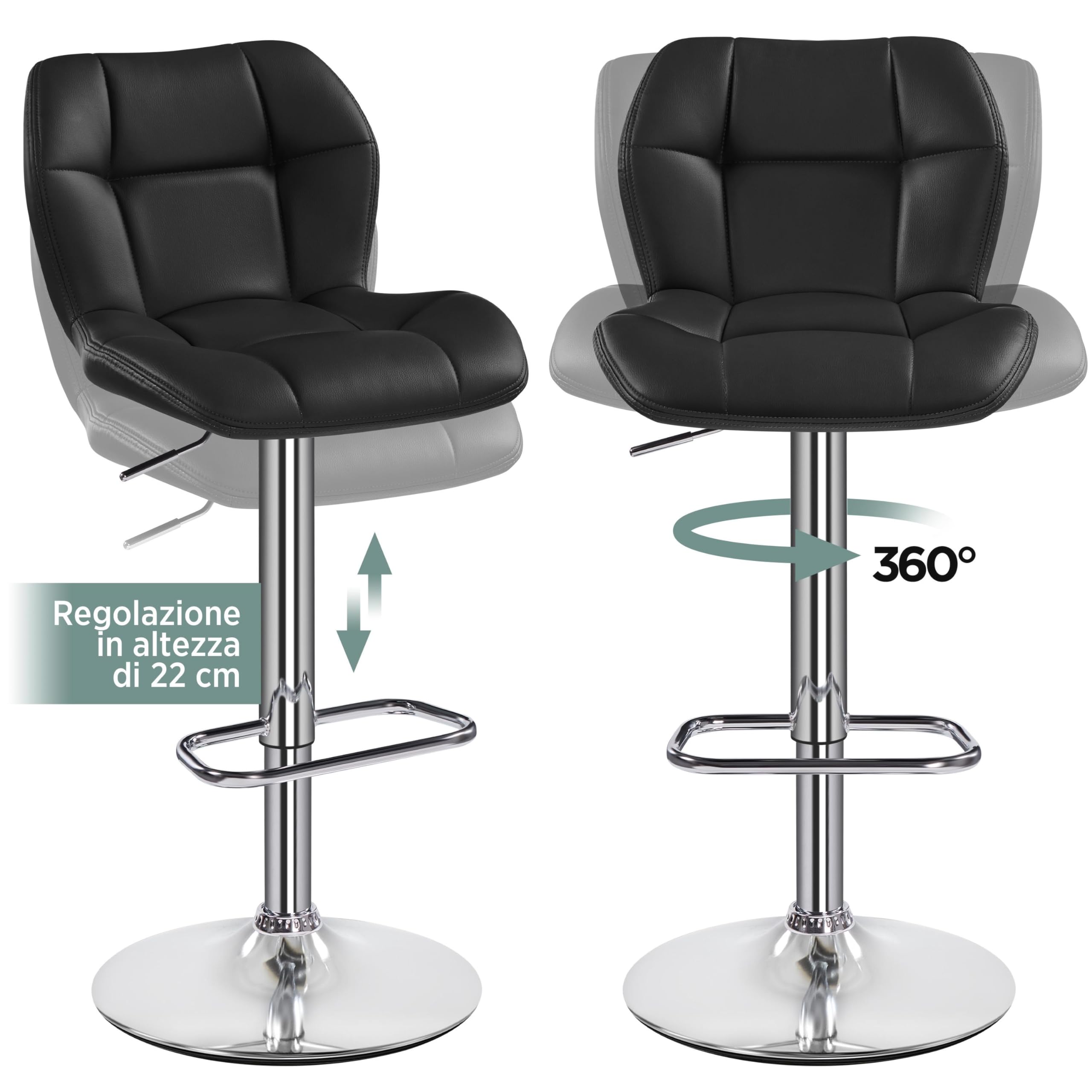 Set di 2 sgabelli da bar regolabili moderni in pelle PU con schienale, girevole, per cucina, isola, design elegante grigio/oro, altezza 65 cm