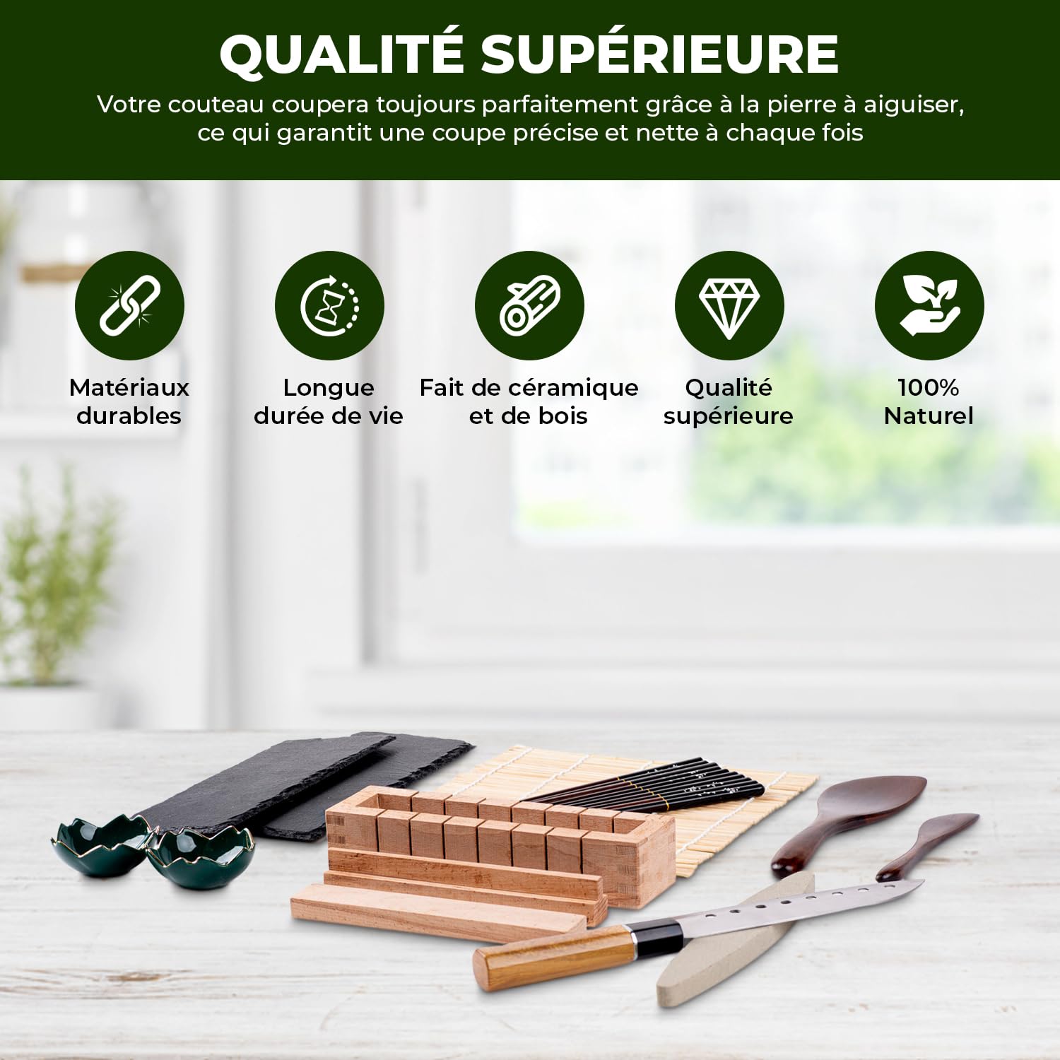 Kit Sushi Complet Premium en Bois + 5 Baguettes + 2 Assiettes en Ardoise + Accesoires | Kit a Sushi | Sushi Maker en Bois | Machine a Sushi | Appareil a Sushi | Maki