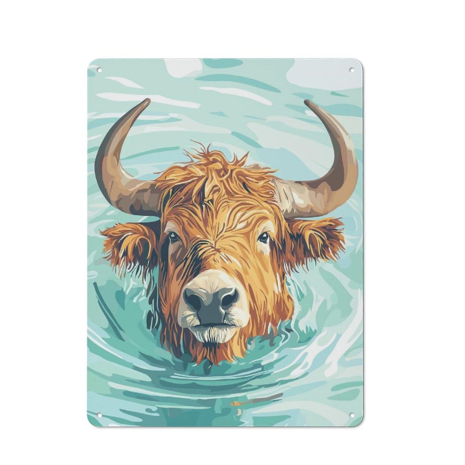 Barn Style Farmhouse Metal Sign 40x30cm Featuring Swimming Highland Cow Illustration, Cottage Wall Art for Kitchen, Cottage, Porch Or Garden Room