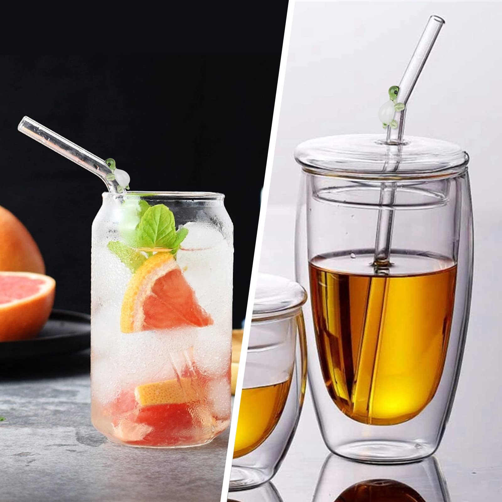 6 Grüne Glasstrohhalme Mit Schildkröten-Design & Reinigungsbürsten – Gebogen, Spülmaschinenfest, BPA-frei