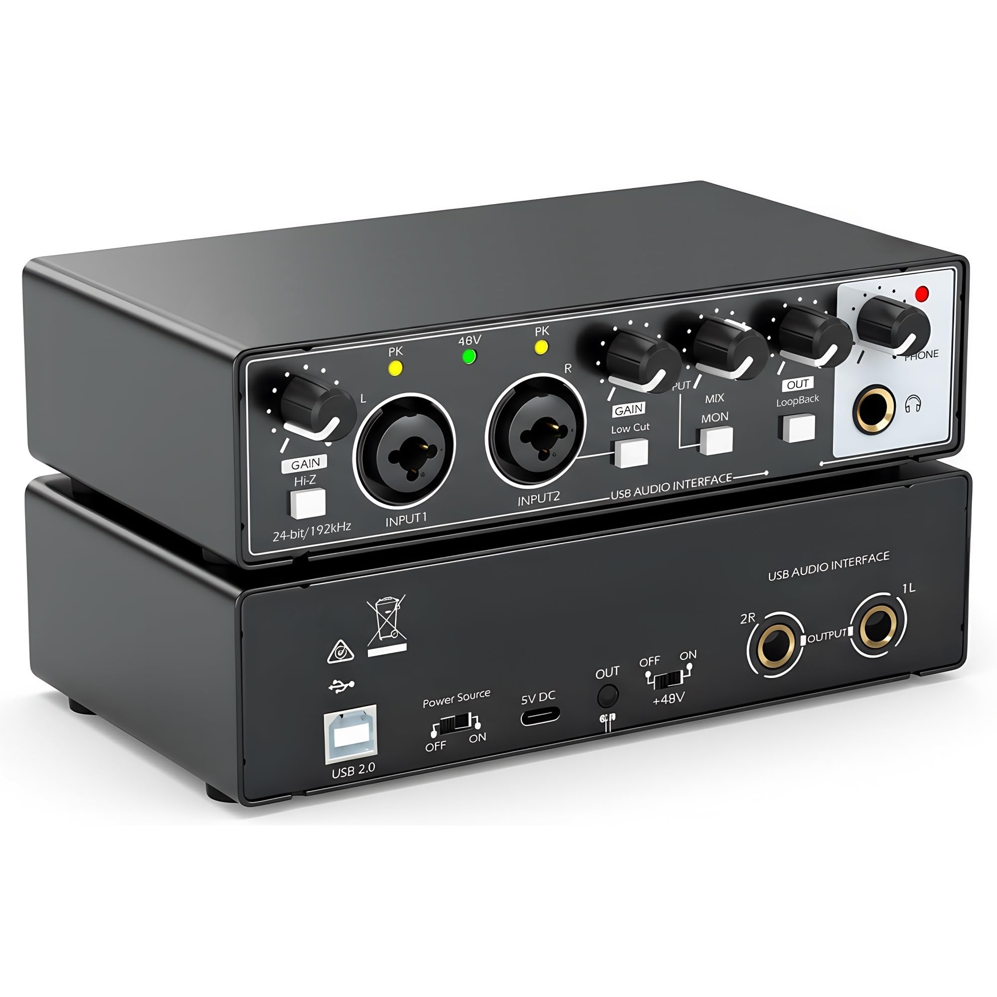 Interfaccia audio USB per la registrazione del PC, interfaccia audio del computer a 24 bit/192 kHz per la registrazione di musica, 48 V Phantom Power Music Recording Studio Apparecchiature da studio