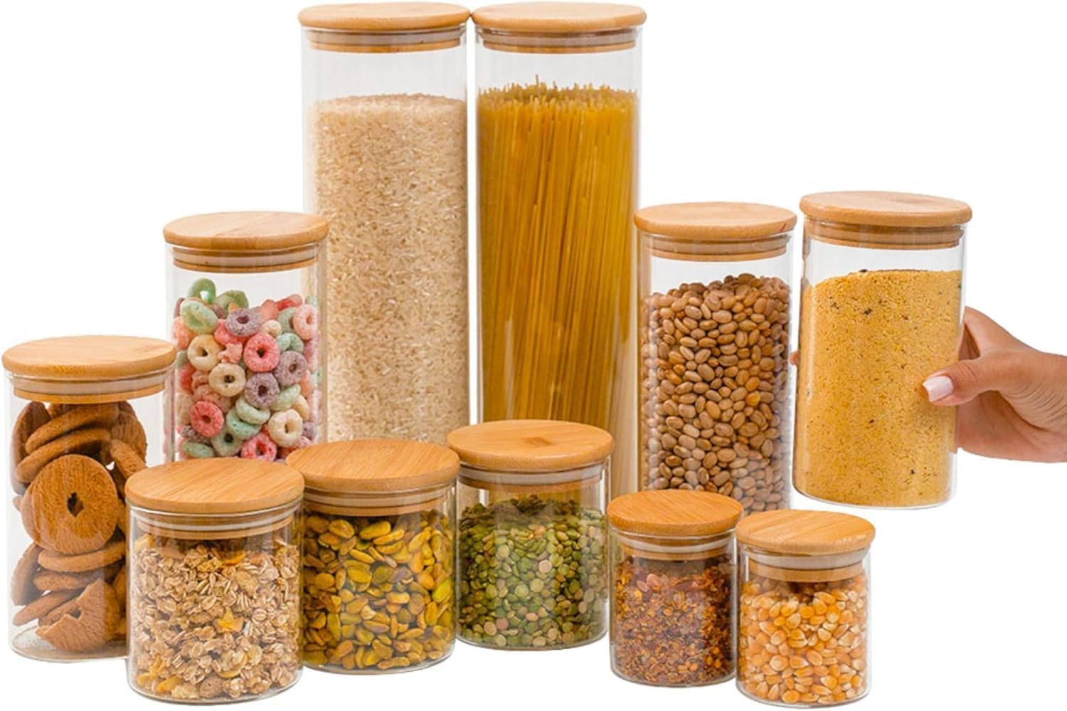 Conjunto de 11 Potes de Vidro Herméticos com Tampa de Bambu – Organizadores de
