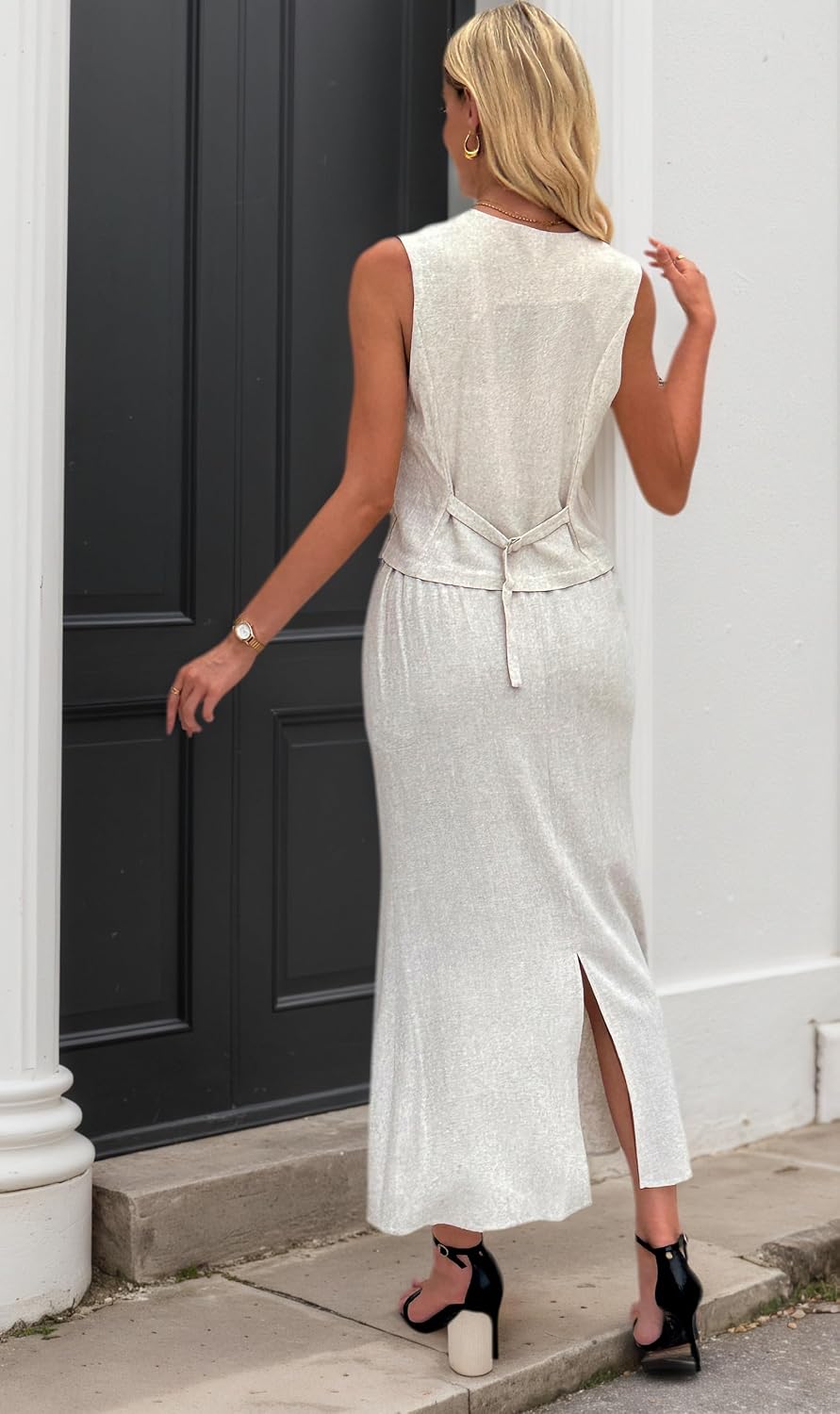 Women's Cotton Linen Two Piece Suit Set Sleeveless V-Neck Button Front Vest Top Maxi Skirt Summer Business Casual Outfit