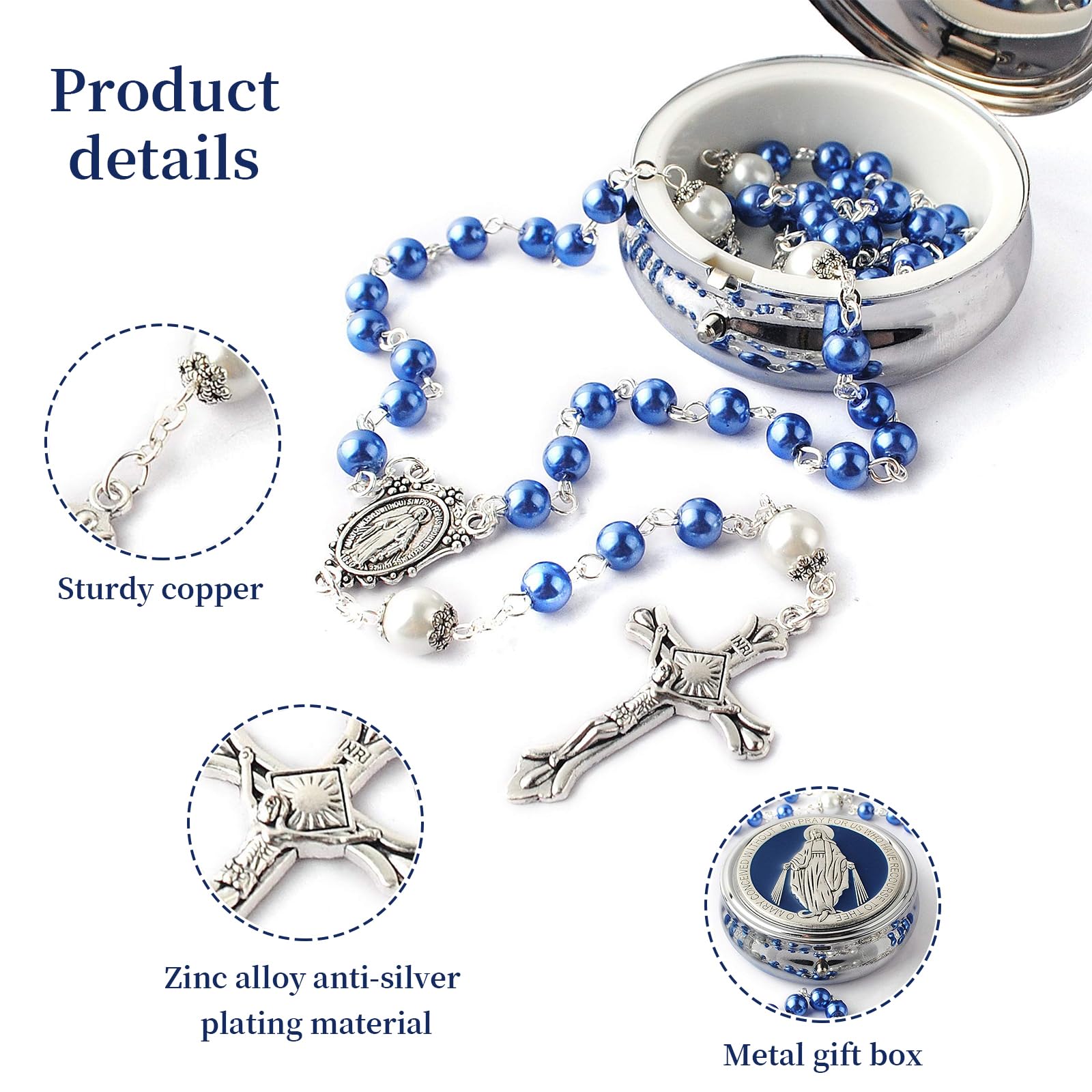 6mm Glasperlen Rosenkranz mit 8mm Vaterunser-Perlen, Katholische Kette im Wunder-Metall-Geschenkbox, Erstkommunion und Personalisiertes Blau Rosenkranz