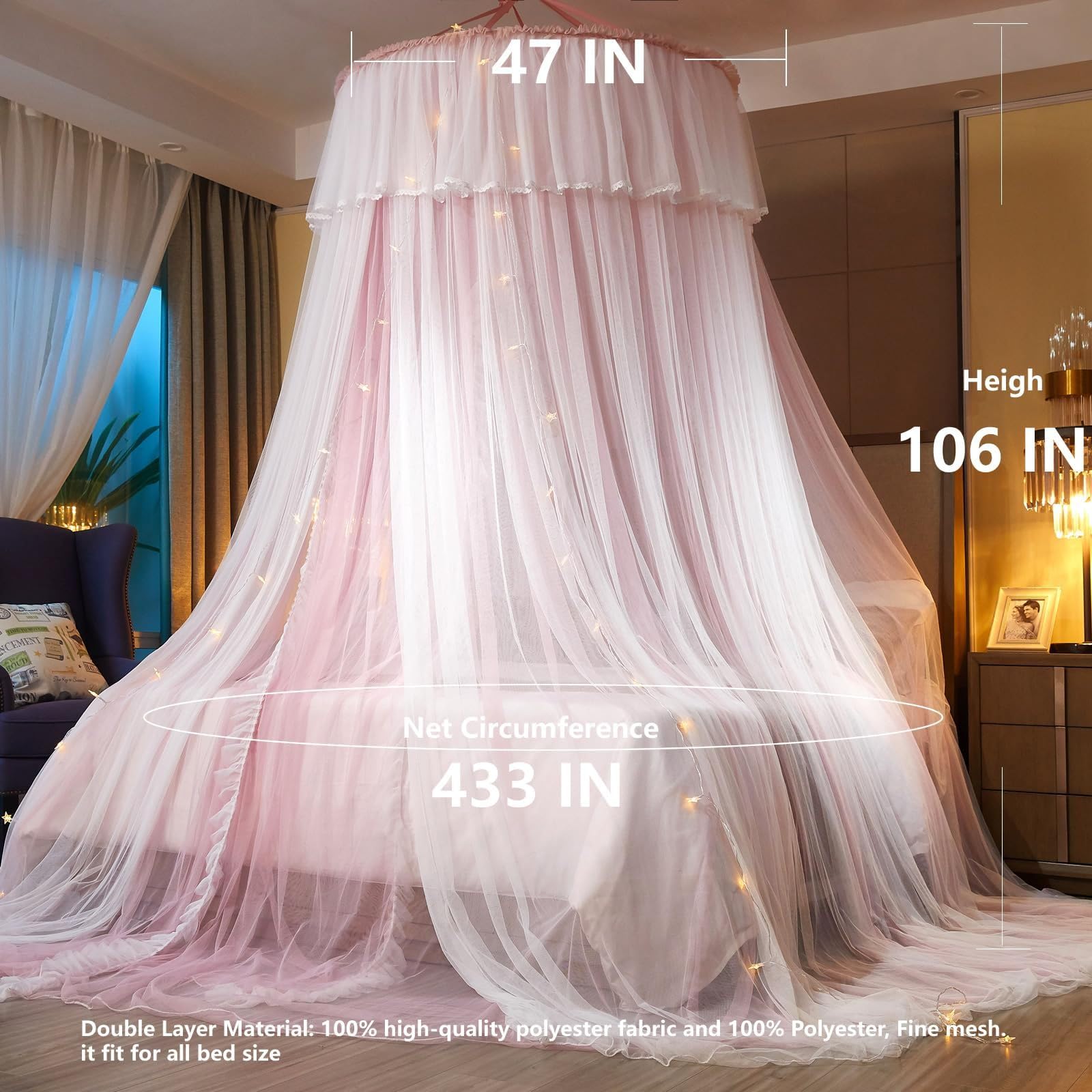 Prinzessinnen Bettvorhang für Zimmerdekoration von Mädchen oder Themenpartys, Eleganter Doppellagiger Betthimmel Moskitonetz Bett für Betten von Twin- bis King-Size, Pink